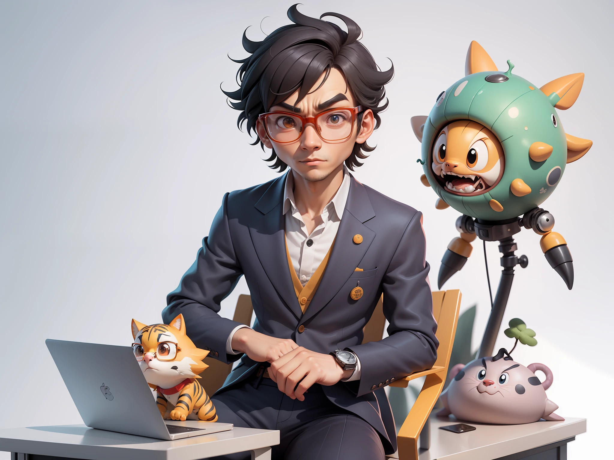 A young man in a suit, Short hair and glasses sat at his desk，holding laptop，digitial painting，tigre，3D character design by Mark Clairen and Pixar and Hayao Miyazaki and Akira Toriyama，4K HD illustration，Very detailed facial features and cartoon-style visuals。