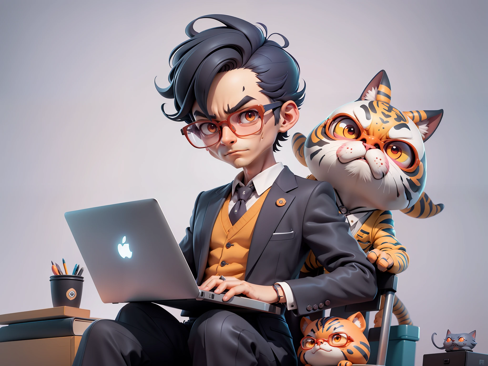 A young man in a suit, Short hair and glasses sat at his desk,holding laptop,digitial painting,tigre,3D character design by Mark Clairen and Pixar and Hayao Miyazaki and Akira Toriyama,4K HD illustration,Very detailed facial features and cartoon-style visuals。