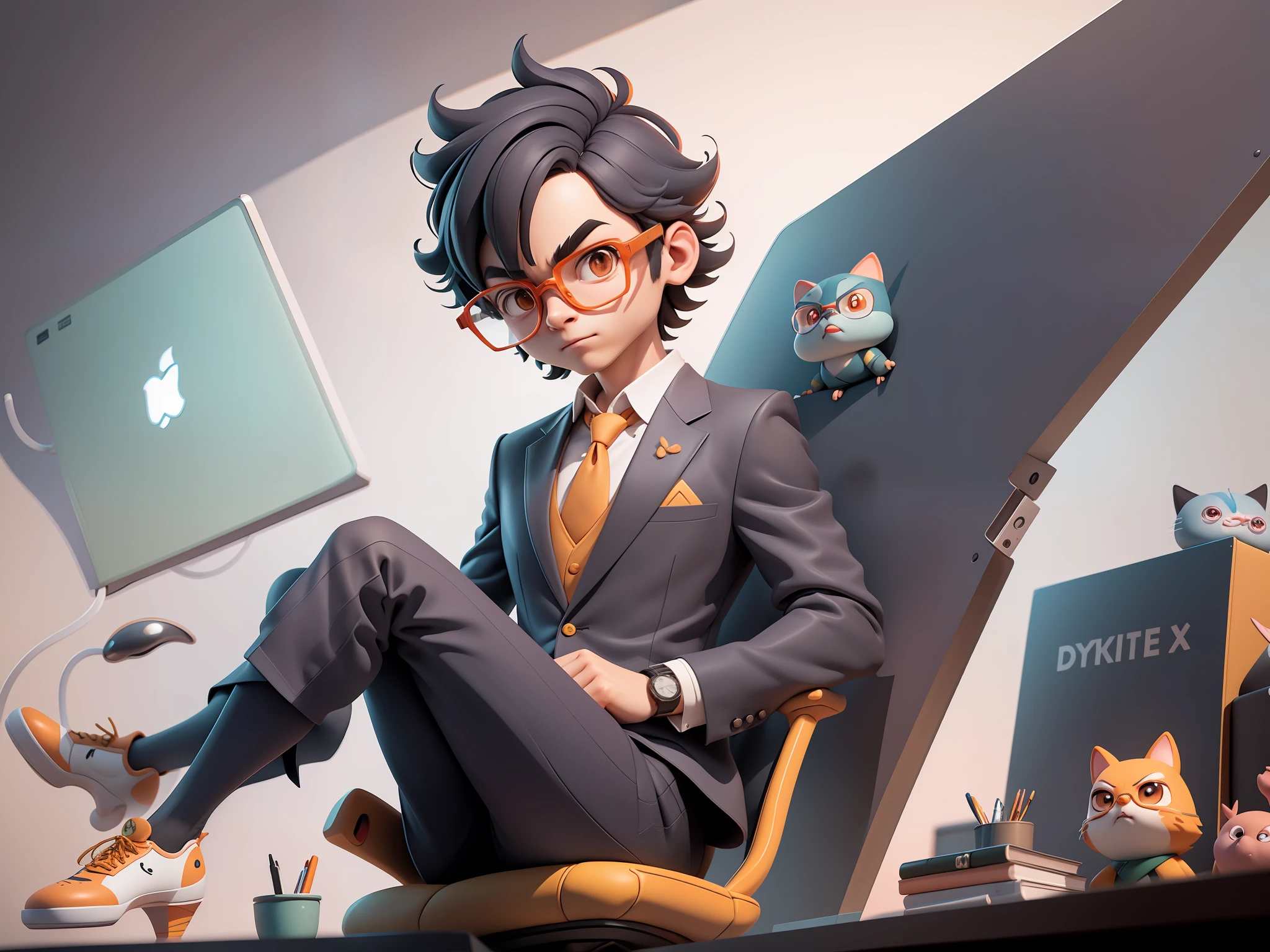 A young man in a suit, Short hair and glasses sat at his desk,holding laptop,digitial painting,tigre,3D character design by Mark Clairen and Pixar and Hayao Miyazaki and Akira Toriyama,4K HD illustration,Very detailed facial features and cartoon-style visuals。