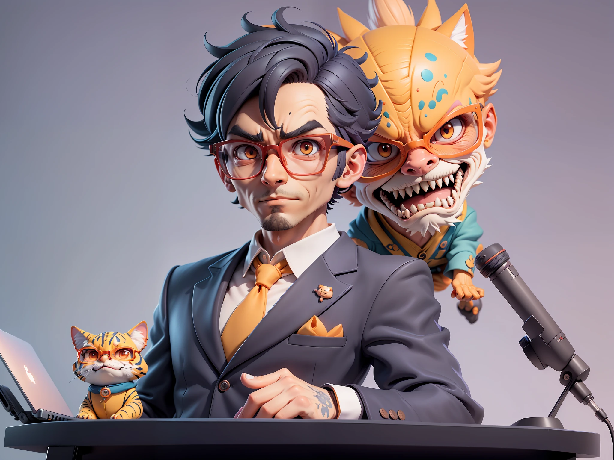 A young man in a suit, Short hair and glasses sat at his desk,holding laptop,digitial painting,tigre,3D character design by Mark Clairen and Pixar and Hayao Miyazaki and Akira Toriyama,4K HD illustration,Very detailed facial features and cartoon-style visuals。