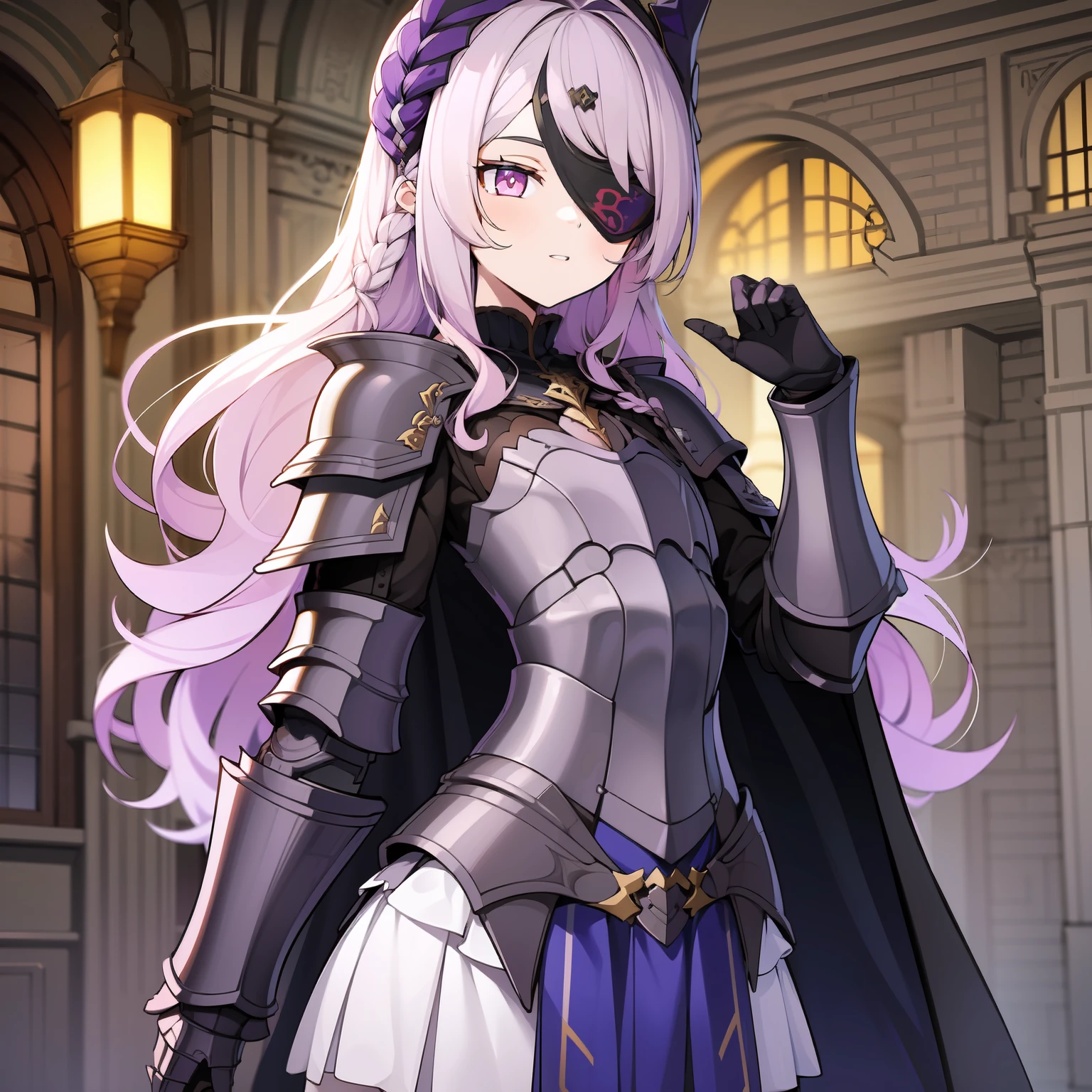 masterpiece, best quality, sharp focus, absurdres, ++ 1girl, solo, fantasy, light purple hair, very long hair, curly hair, french braid, single sidelock, forehead, eye mask, white mask, bird face mask, parted lips, multicolored eyes, small chest, flat chest, loli, light armor, pelvic curtain, armour skirt, dark purple armor, black cape, long cape, dollgirl, doll joints, ++ upper body shot, zoom out, standing, looking at viewer, cold, neutral, hands out of frame