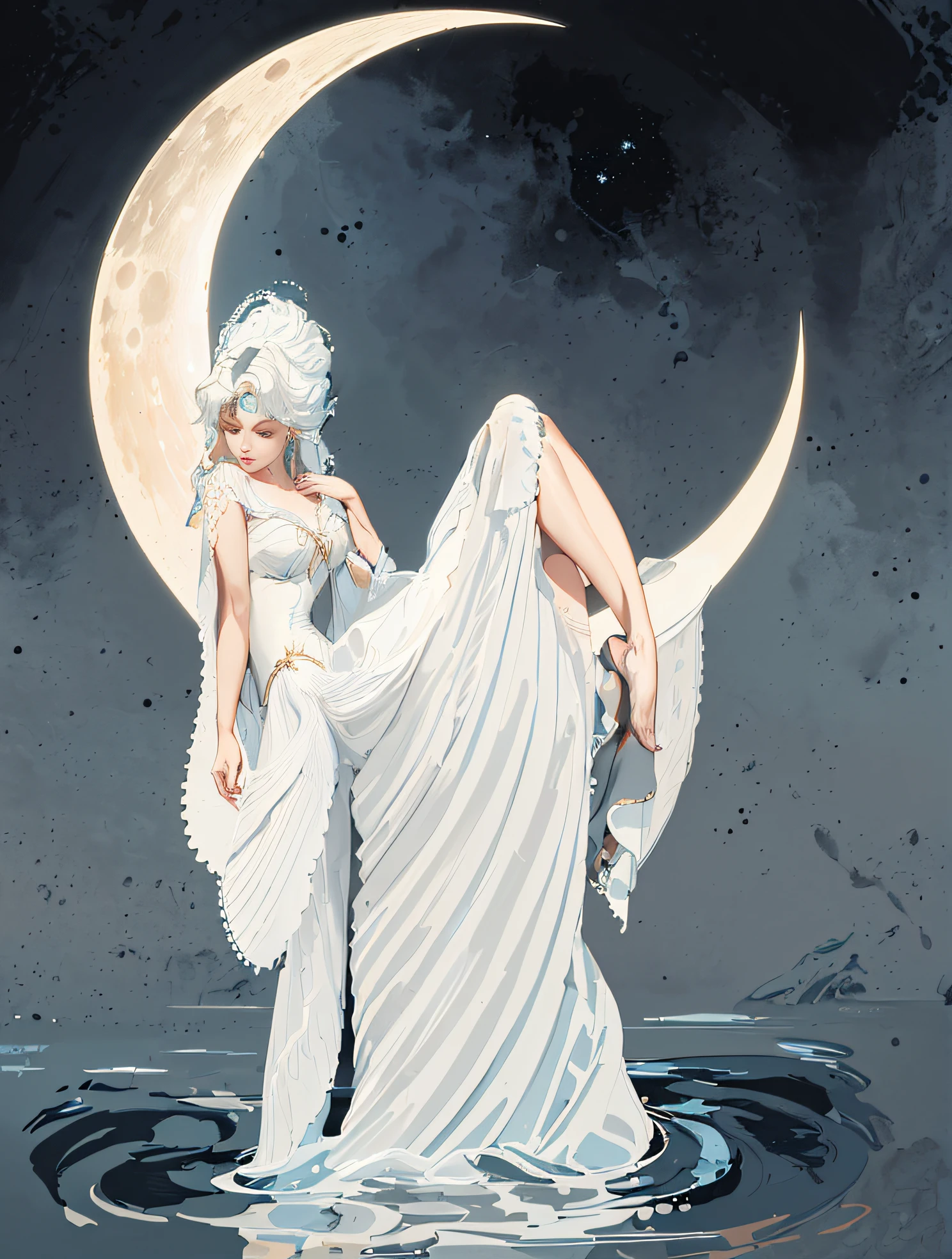 a close up of a woman in a dress standing in water, inspired by Victor Mosquera, lunar goddess, in style of charlie bowater, moon goddess, style of charlie bowater, goddess of the moon, the moon behind her, neoartcore and charlie bowater, inspired by Charlie Bowater, inspired by Sailor Moon, charlie bowater art style