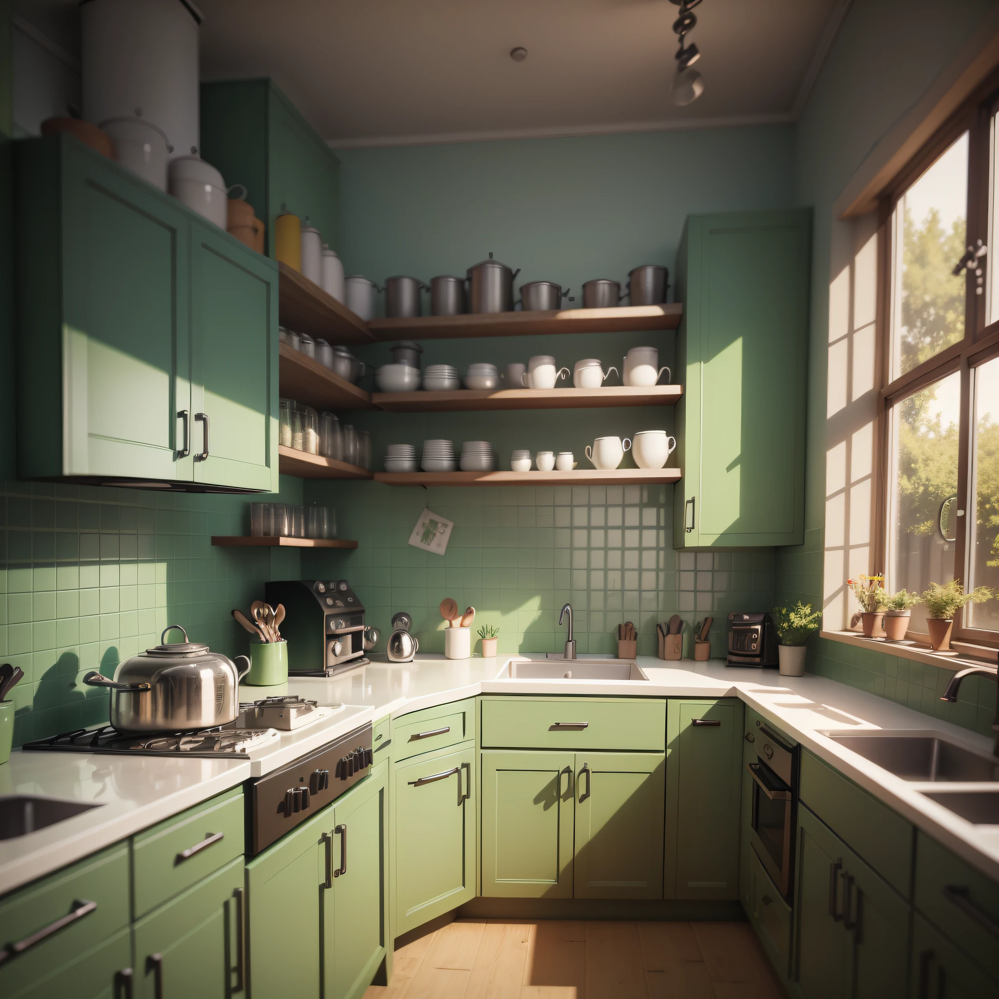 green kitchen in 1950, kitchen,Realistic illustration, t-shirts design, comic style, Illustrator, hand-drawn, perfection, dynamic, highly detailed, illustration ,UHD,Octane Render 3D,photo reality,maxon cinema 4D,Sketchup Vray
