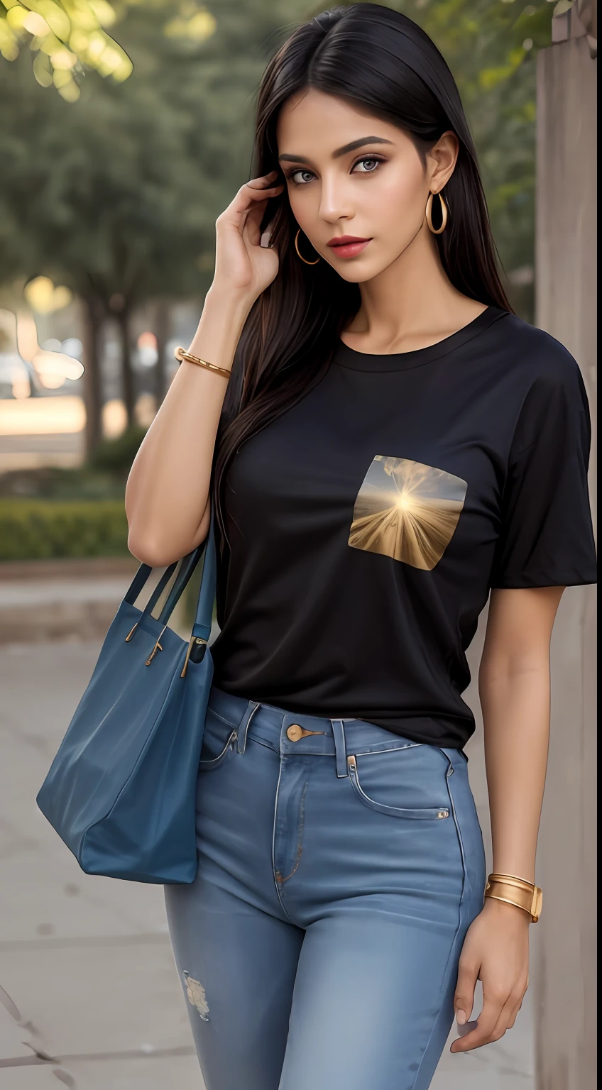 ((Best Quality, 8k, Masterpiece:1.3)), Focus: 1.2, Perfect Body Beauty: 1.4, front looking 1.2, (long straight black hairstyle)), (Gray round neck plain Tee-shirt, regular fitting:1.1) , (sunny weather, Street:1.3), Baggy fitting jeans , full length blue baggy jeans: 1.1, Highly detailed face and skin texture, Detailed black eyes, Double eyelids, toned body, Whitened skin, black straight hair's, heels, firm breasts, firm thiges, looking at camera, fashion shoot style, full body length tee-shirt, Short sleeves, high heels, big earrings, hand bangle's and golden watch. Carrying brown hand bag, natural lips, no lipstick, baggy tee-shirt, lose baggy Teeshirt ,standing at Minar e Pakistan Lahore
