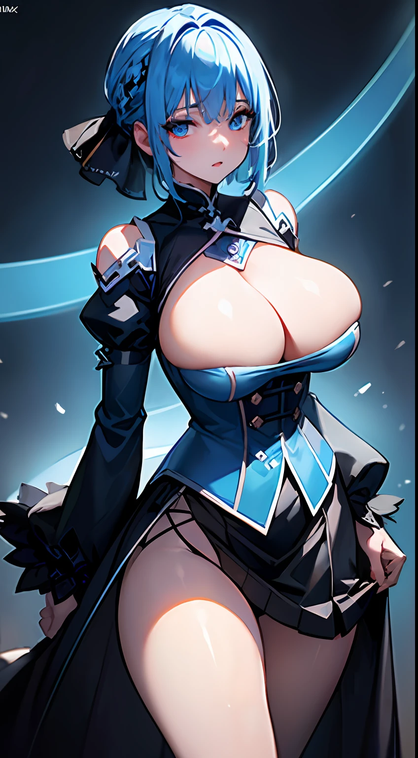 ((masterpiece))、(top-quality)、(detaileds)、(1girl)、blue hairs、Blue glowing eyes、Upstyle、white shirt、a black skirt、looking down to viewer、huge tit、valley