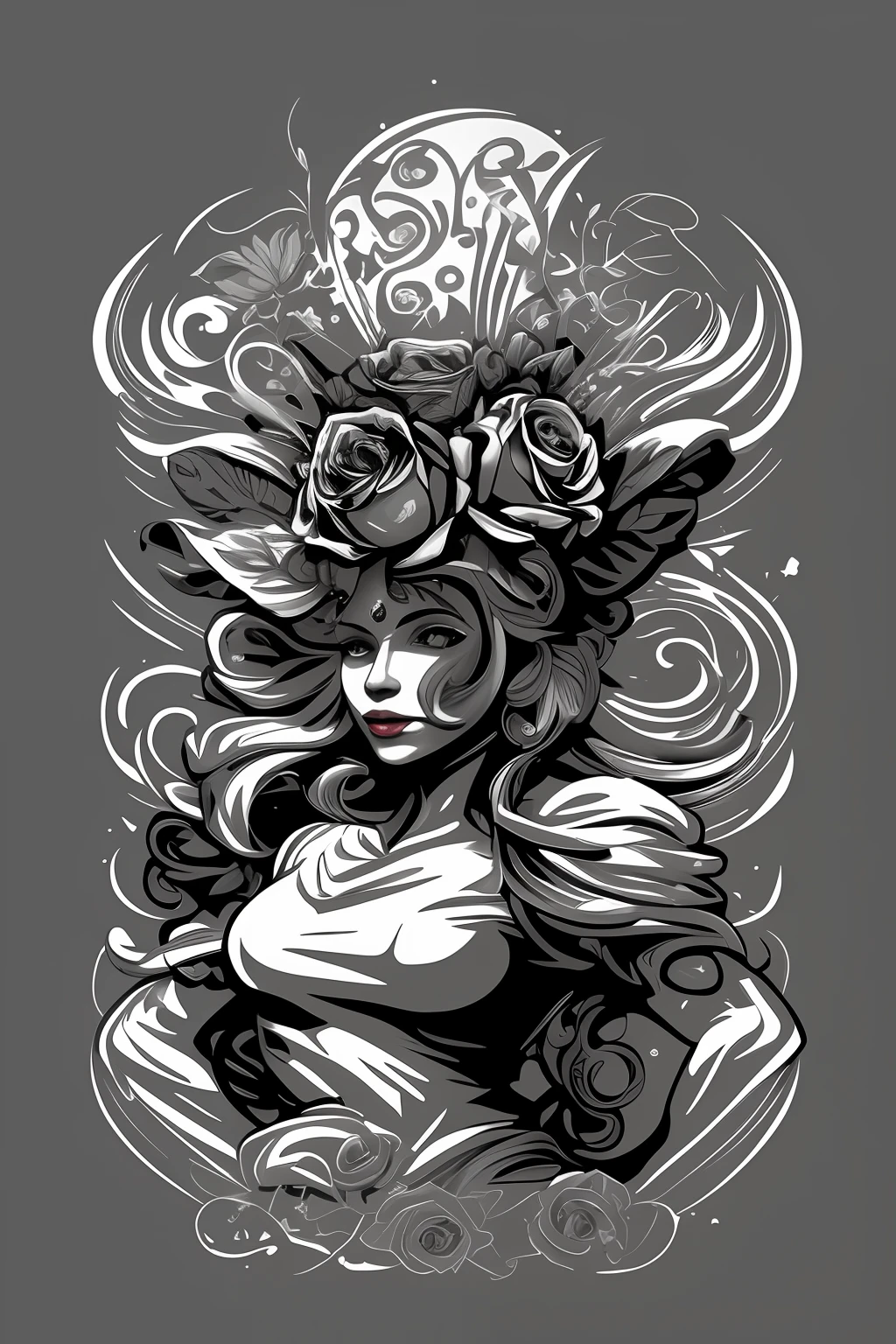 a woman with a flower hat and a rose tattoo design, arte vetorial em preto e branco, Goddess Venus. detalhes extremamente altos, art deco flower shaman, full art illustration, a beautiful artwork illustration, Gray and white sketch colors, deusa amor, no estilo da arte da fantasia sombria, inspirado em Joe Fenton, Estilo Hydro74, fundo preto