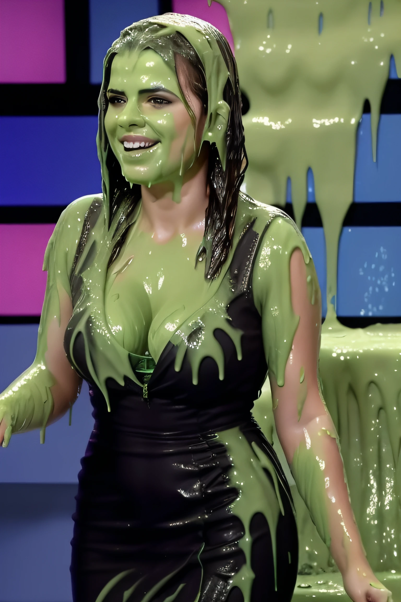 Beautiful woman, Hayley Atwell, wearing a (dark wrap midi dress::1.3), beautiful legs, (long wavy hair), detailed eyes, (detailed realistic face), blush, (covered in slime::1.4), sludge pouring down, (she is splattered with goo::1.2), slime, (sticky::1.2), uhd candid photo of dirty, (television gameshow::1.4), coated, soaked, (shocked::1.4), spatter, mixed art, gooey, gooey skin, (hair wet::1.2), wet and messy, highly detailed, modelshoot style, (extremely detailed CG unity 8k wallpaper), (whole body shoot::1.4) photo of the most beautiful artwork in the world, fashion top model, trending on ArtStation, trending on CGSociety, Intricate, High Detail, Sharp focus, dramatic, photorealistic painting art by midjourney