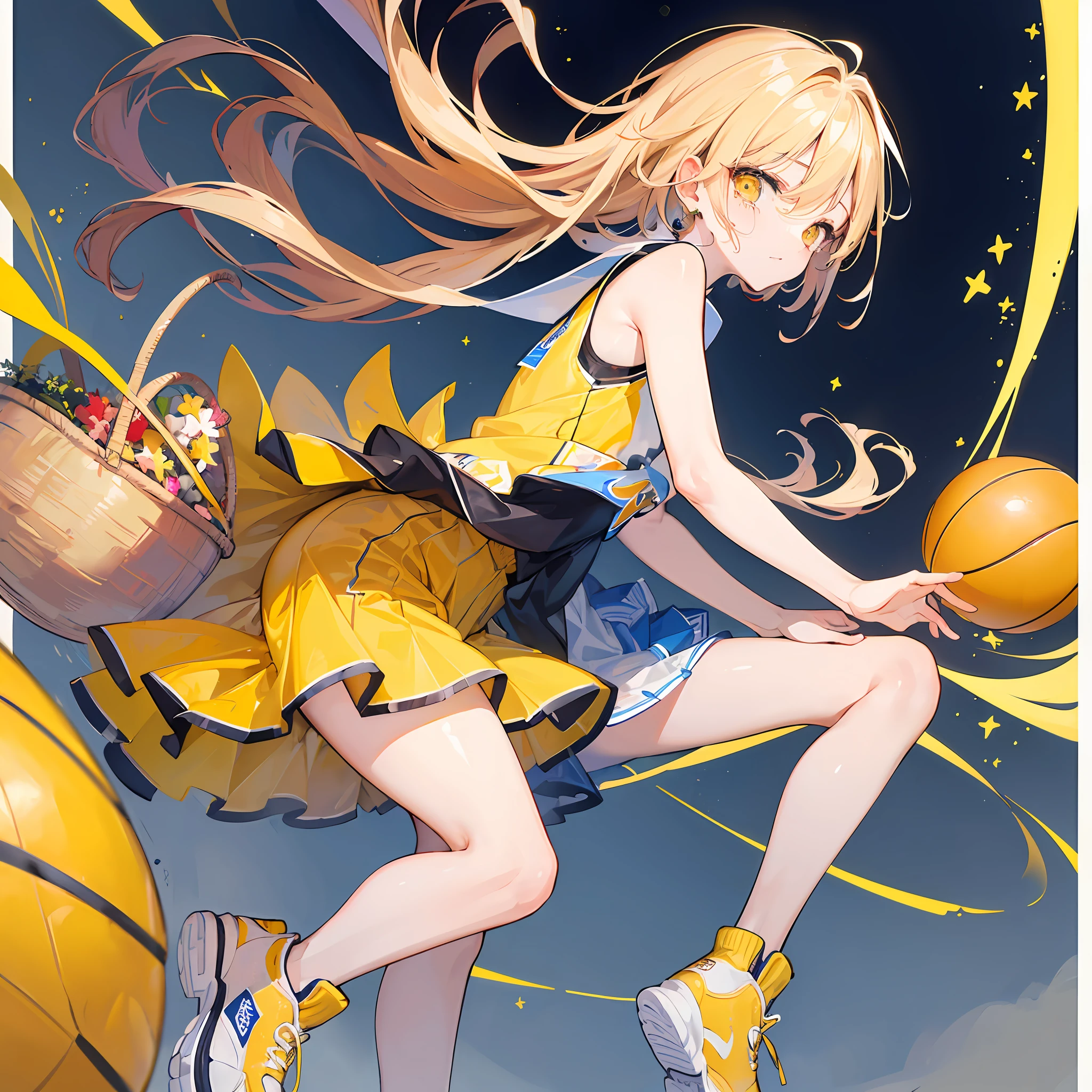 ((An exquisite masterpiece with ultra-high quality)) female, basket ball yellow uniform, crying, alone, midnight, outdoor, at park, short pant