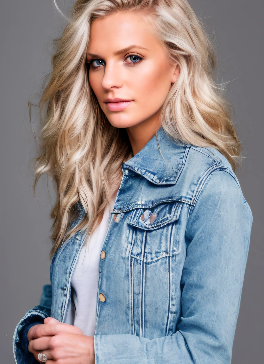 Portrait of skswoman, hopeful, wearing jeans jacket, soft light blue eyes, with blond hair, background dungeon epic (photo, studio lighting, looking at the camera, centered, dslr, Sony a7, 50 mm, matte skin, detailed glossy eyes, high detailed skin, pores, colors, hyperdetailed, hyperrealistic, high resolution scan, fine details)