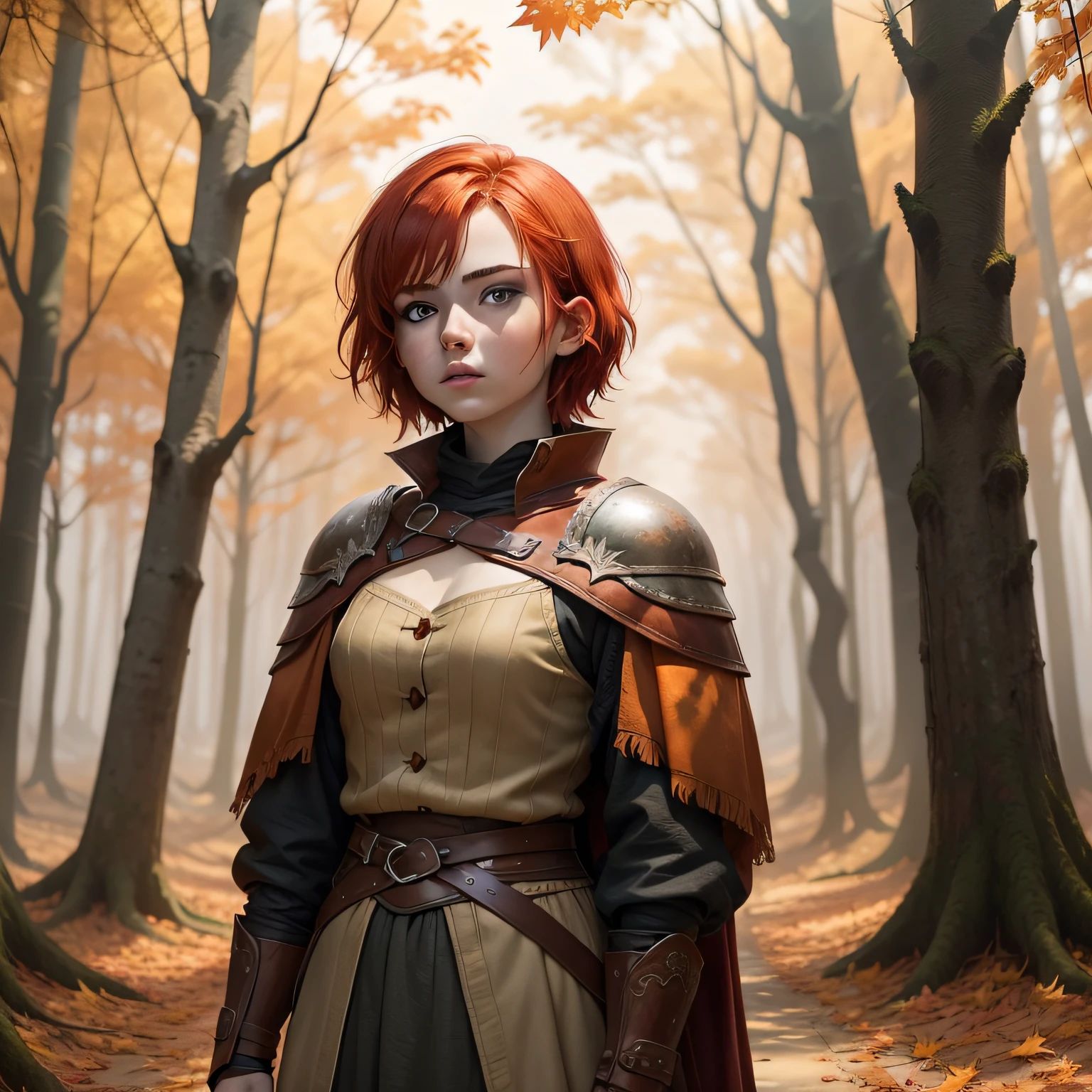 18-year-old warrior girl Short, red hair and pale skin in a forest with orange autumn leaves in Game of Thrones