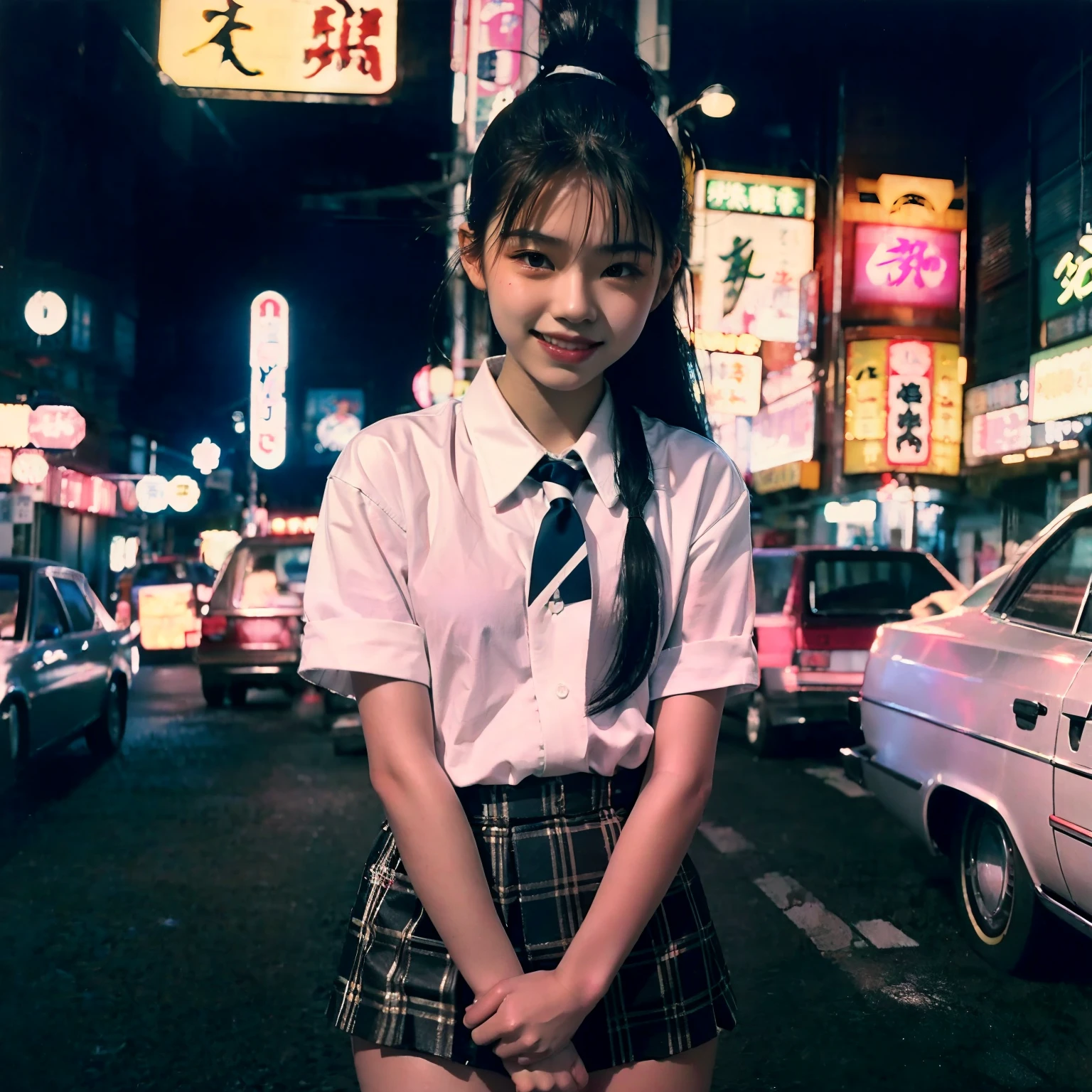 girl, japanese, slim, (white panties), ponytail, white shirt, tie, small breast, smile, tokyo street, night, neon signs, traffic, dark theme, analog style, photo, photography, polaroid shot, vintage 1980, film shot,
