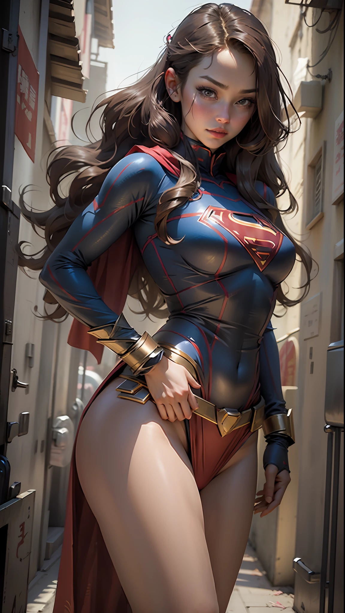 Beautiful woman with long brunette defines the body,Dressed erotic Supergirl cosplay,比基尼,posing on a,Bigchest