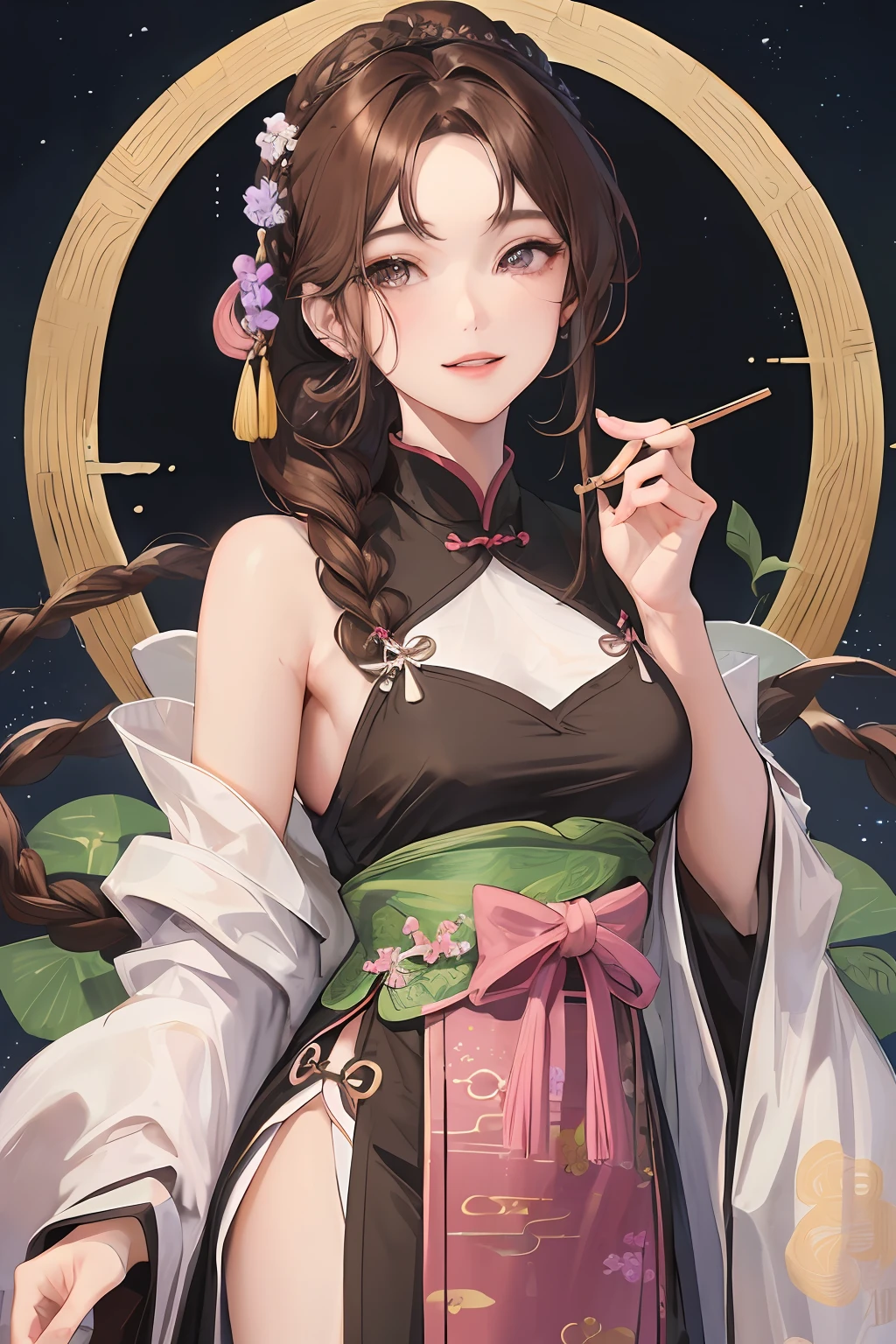 Masterpiece, Best quality, Night, full moon, 1 girl, Mature woman, Chinese style, Ancient China, Sister, Imperial sister, Smile, Brown hair, Princess cut, Single strip of fried dough twisted braid, Coiled hair, Double ball head, Light pink lips, calm, Intellectual, mid hair, green pupills, Hairpin, hydrangea,nakeness