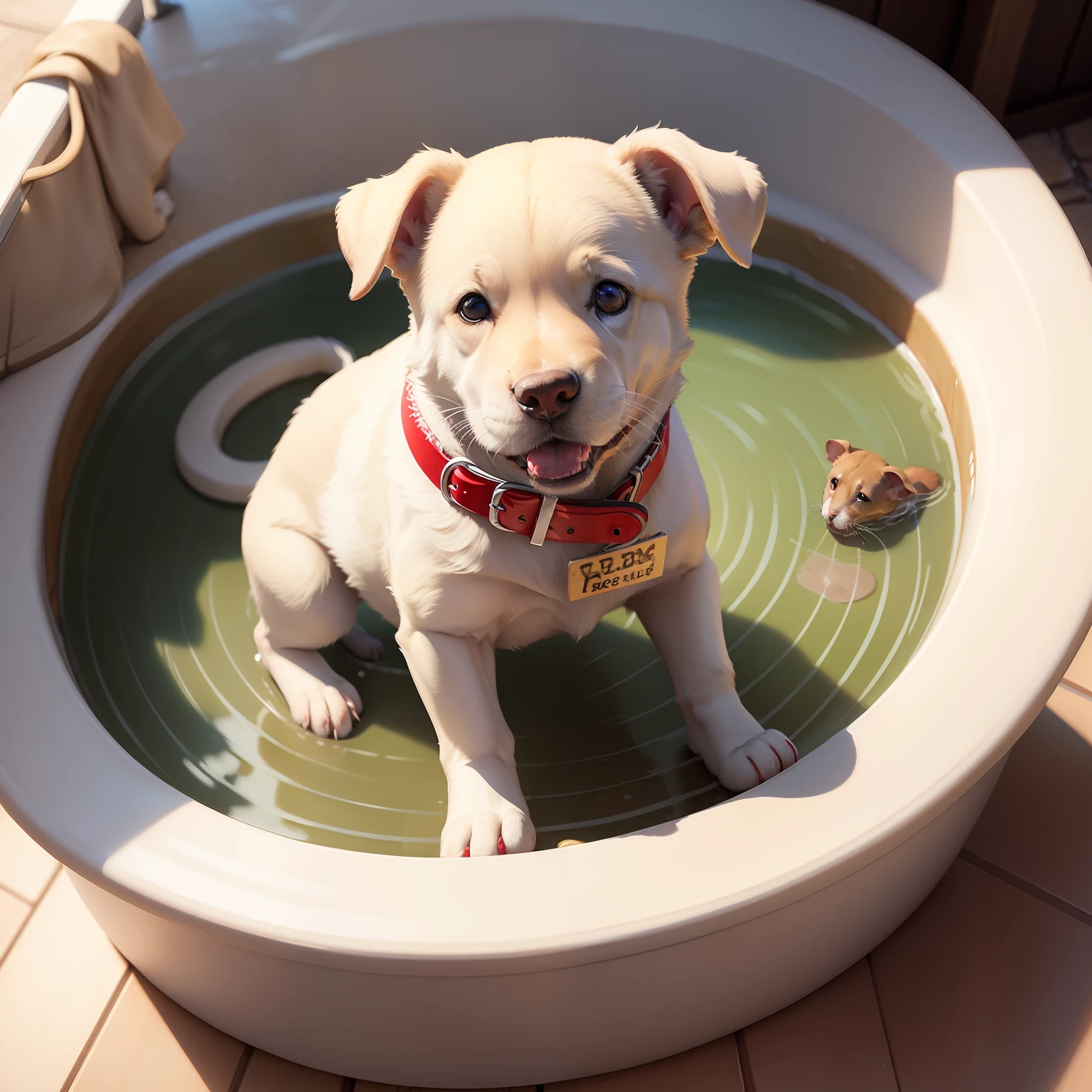 White lab dog little puppy ,cute face, playing with rats , wear medium red belt name plate "GOLDIE", bathing