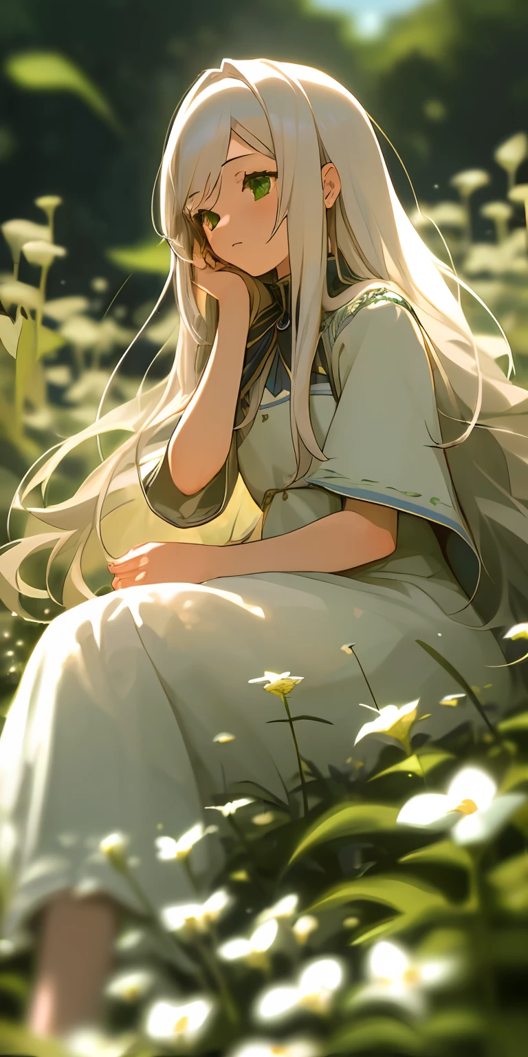 (masterpiece, best quality), shirogane noel, 1girl with long white hair sitting in a field of green plants and flowers, her hand under her chin, warm lighting, white dress, blurry foreground