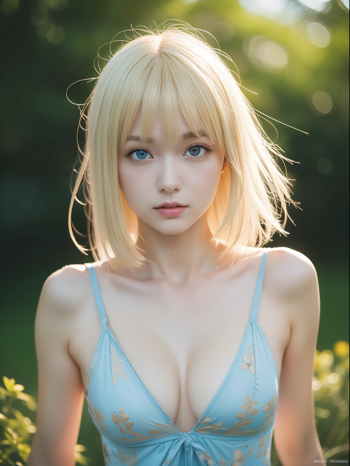 (masterpiece:1.4, best quality), (intricate details), unity 8k wallpaper, ultra detailed, beautiful and aesthetic, (photorealistic:1.4), perfect lighting, (1girl), (very light yellow hair, ), blue eyes, hair ornament, medium hair, blush, light blue one-piece swimsuit, dynamic pose, dynamic angle, lipstick, slim, slim body, surrounded by flower, sakura, nature, full body, very wild shot, small breast, flat_chest, outdoor, detailed background, realistic, solo, perfect detailed face, naughty face, detailed eyes, highly detailed, thighhighs,