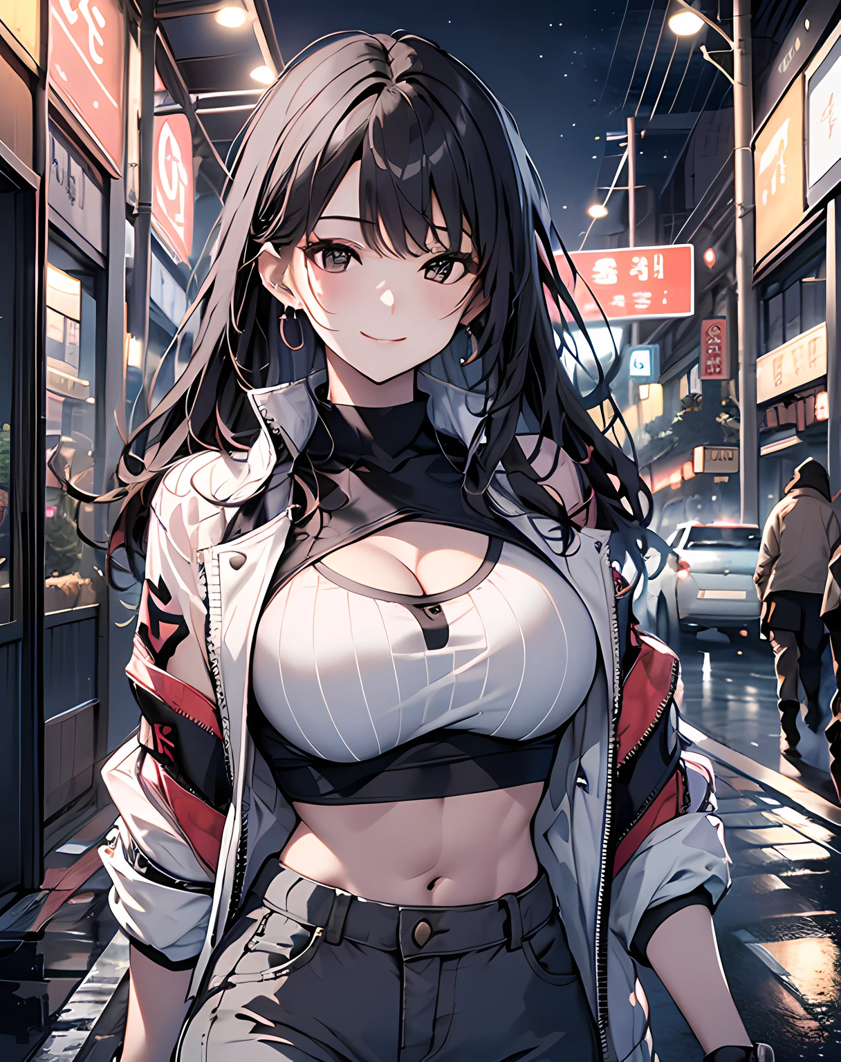 (8k, best quality, masterpiece:1,2), (realistic, photo-realistic:1,37), top quality, masterpiece, a beautiful woman, wearing a shirt for women crop v neck top white t-shirt korean fashion women t with a tight open gray color jacket, beautiful and toned body, cleavage, floral mini skirt, walking in the suburbs, slightly drizzling night background, in shops with Korean-style shop lights, night atmosphere, asphalt, seductive smiles with dimples,