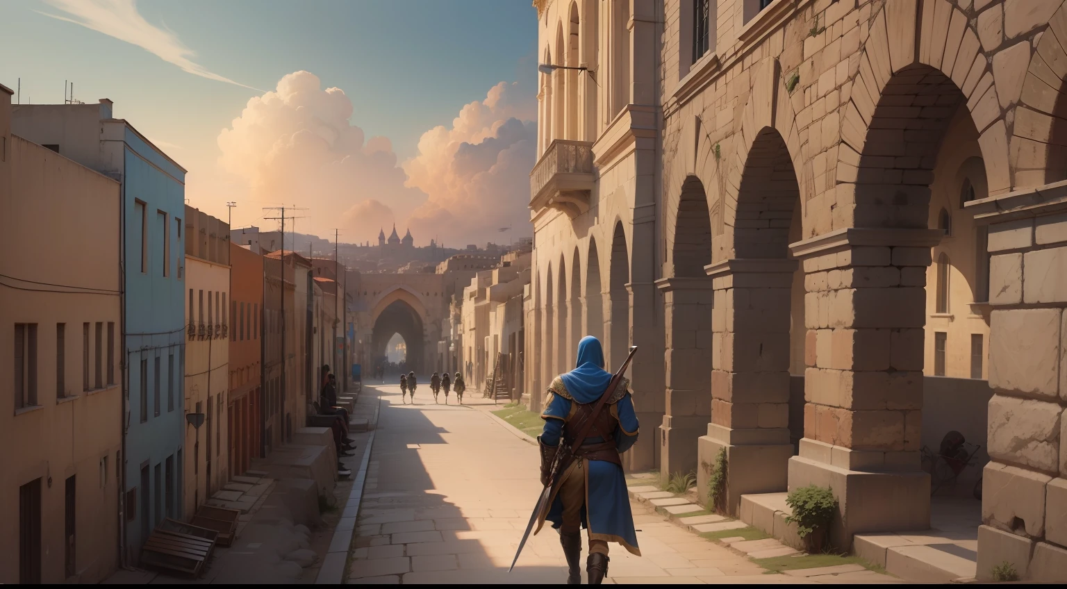 "Draw a picture of the city of Jerusalem, com suas muralhas altas e imponentes, no centro da cena. In the heart of the city, coloque o Rei Davi com cabelos curtos e ruivo, vestido com sua armadura real, holding his sword and with a confident expression on his face. Posicione os valentes de Davi ao seu lado, prontos para a guerra contra os Filisteus. They should also be wearing armor, wielding their weapons and showing determination in their gazes. Be sure to clearly portray the strength and courage of David's valiant men, enquanto eles se preparam para a batalha. In the scenery, Also include the Philistine soldiers on the horizon, Showing Himself as an Imminent Threat. Ensure that the image conveys the atmosphere of tension and anticipation of the confrontation between David and the Philistines. Use bold color tones and shadows to create a sense of drama and action. Feel free to add additional details to the scene, like the flag of Jerusalem fluttering in the wind or the sun setting on the horizon, para tornar a imagem ainda mais impactante.”