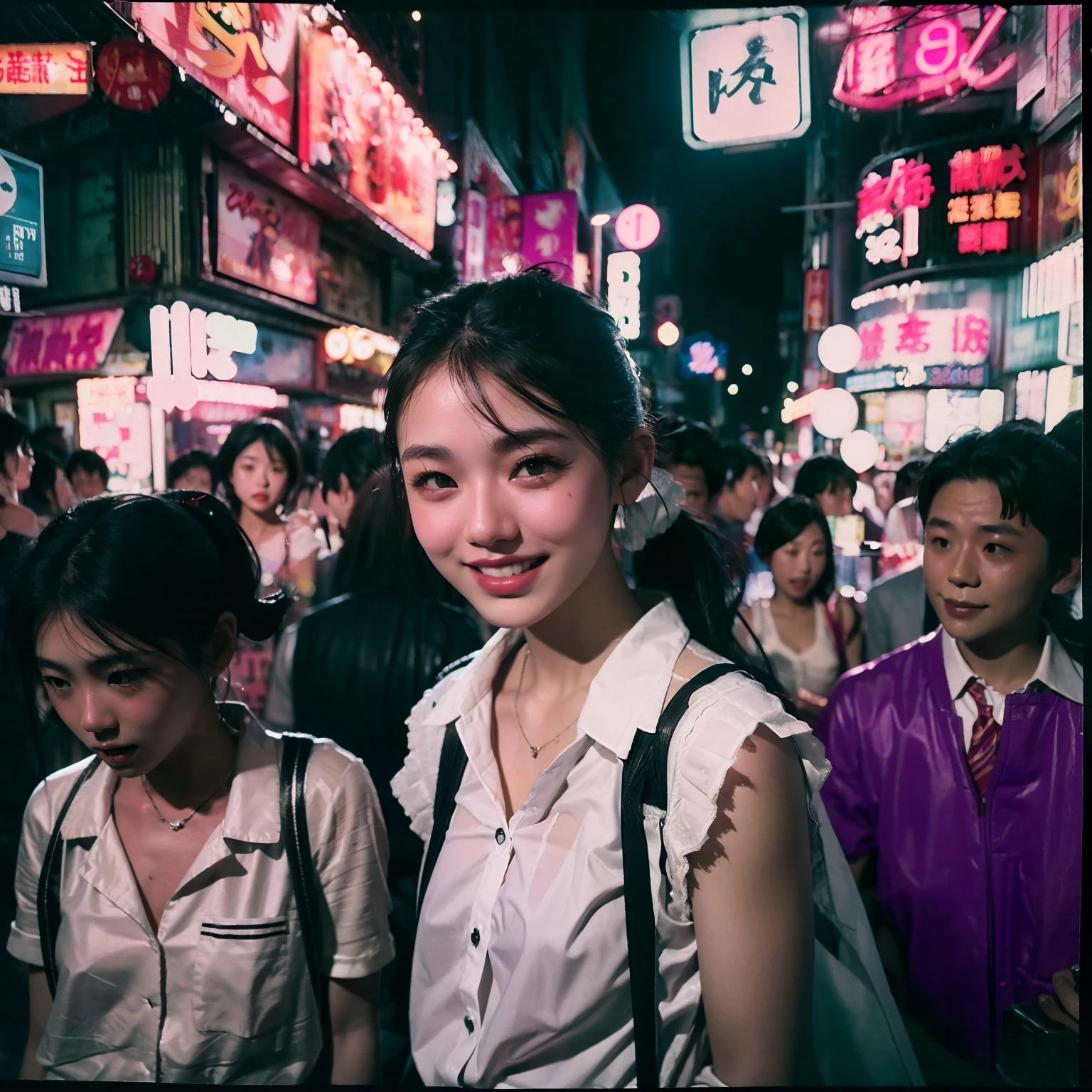  girl, japanese, slim, (white panties), ponytail, white shirt, tie,  small breast, smile, tokyo street, night, neon signs, crowd, dark theme, analog style, photo, photography, polaroid shot, vintage 1980, film shot,