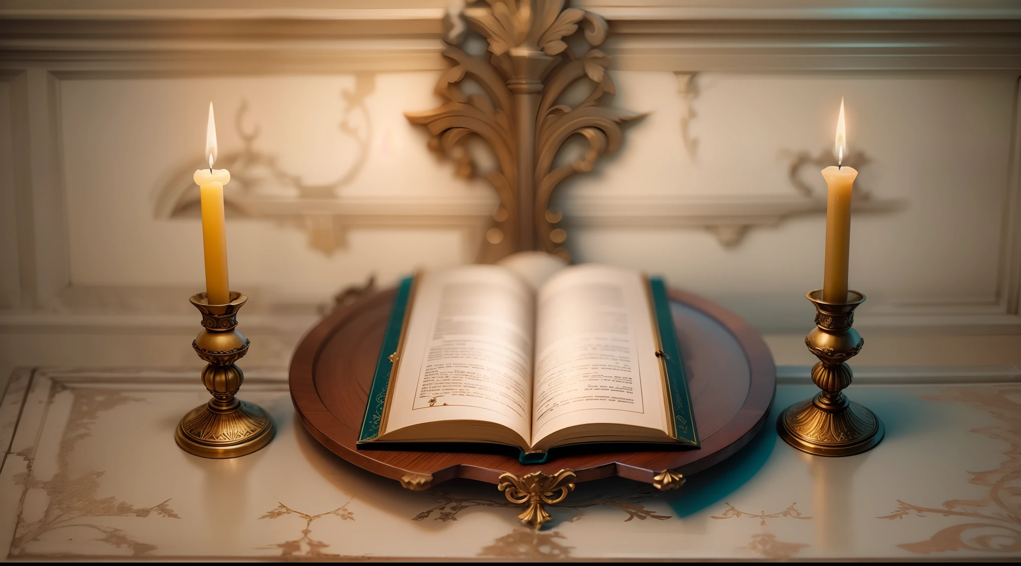 super high res, melhor qualidade, foto, 8k, (foto realista: 1.2), an open epistle on an ancient table, Pergaminho, e um candelabro aceso antigo