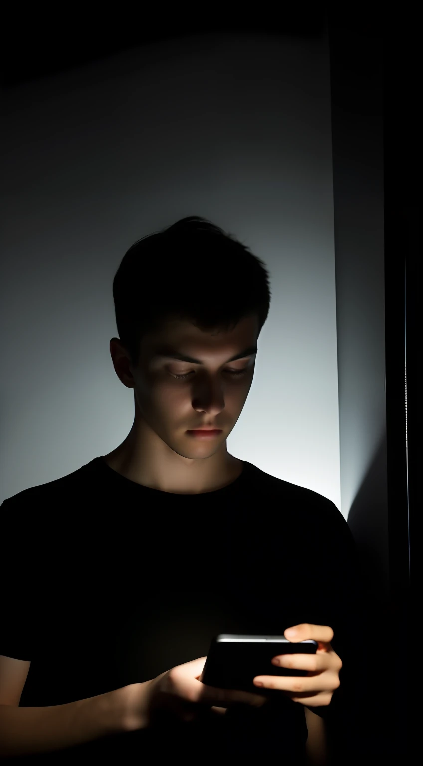 A young man, eyes glazed over, lost in the digital world, illuminated by the faint light of his phone in a dark bedroom.