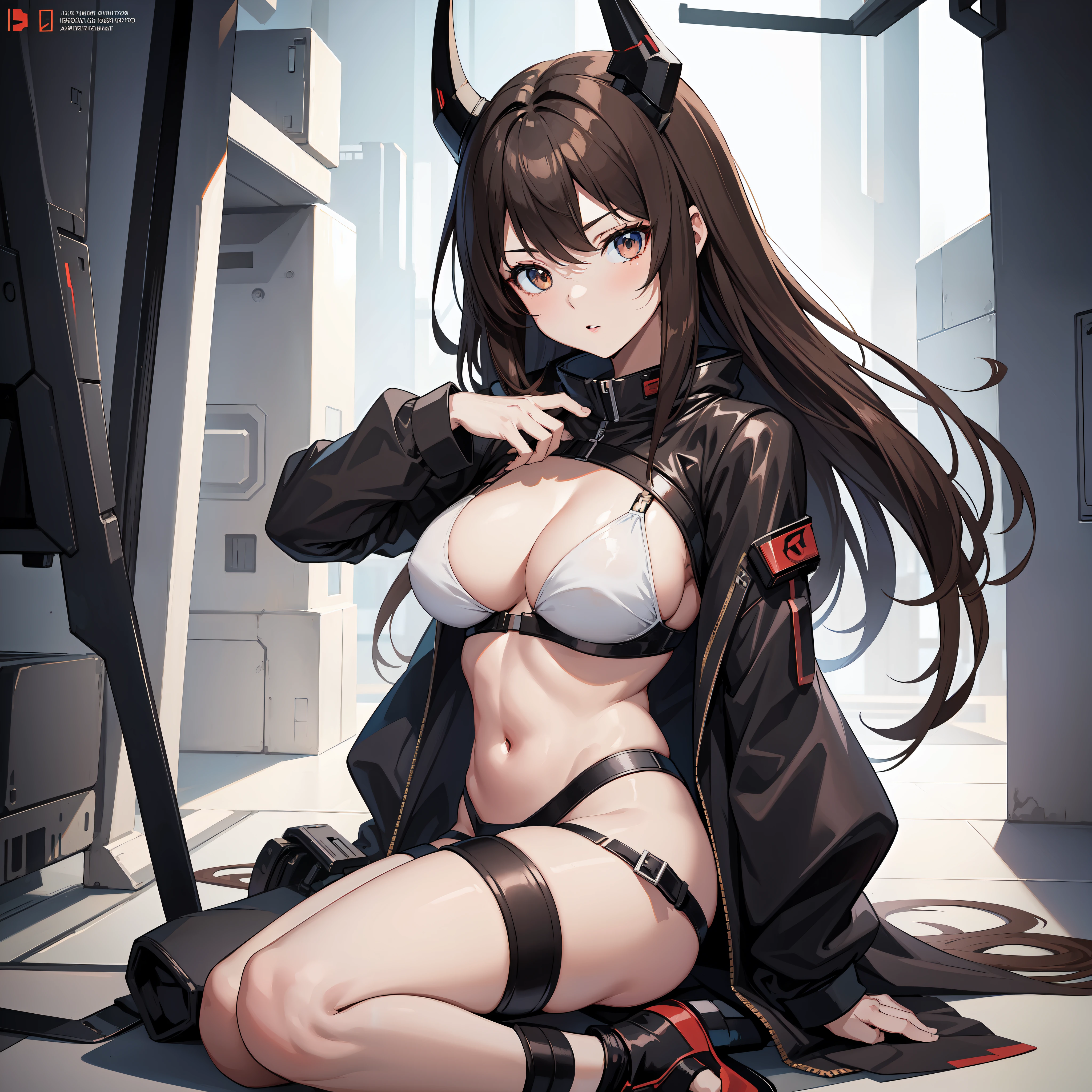 Create an artwork of an anime girl, wearing stylish and edgy futuristic clothing, brown hair, full body shot, y, seductive, large brekinny, bikini, robot horns
