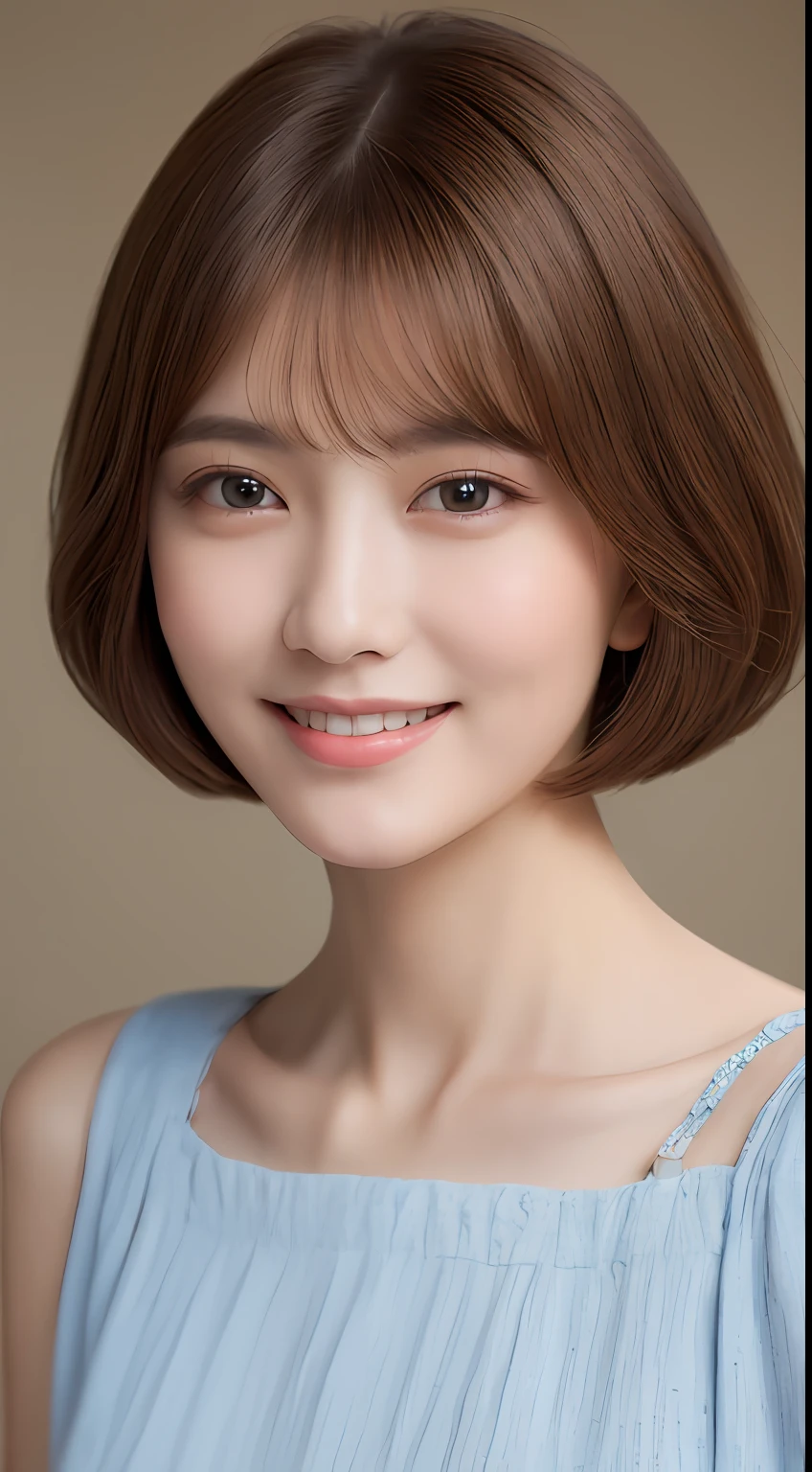 ((Best Quality, 8K, Masterpiece: 1.3)), 1 Girl, Slim Abs Beauty: 1.3, (Hairstyle Brown Hair Shortcut, Big: 1.2), Dress: 1.1, Super Slender Face, Delicate Eyes, Double Eyelids, Smile, Home, Raw Photo