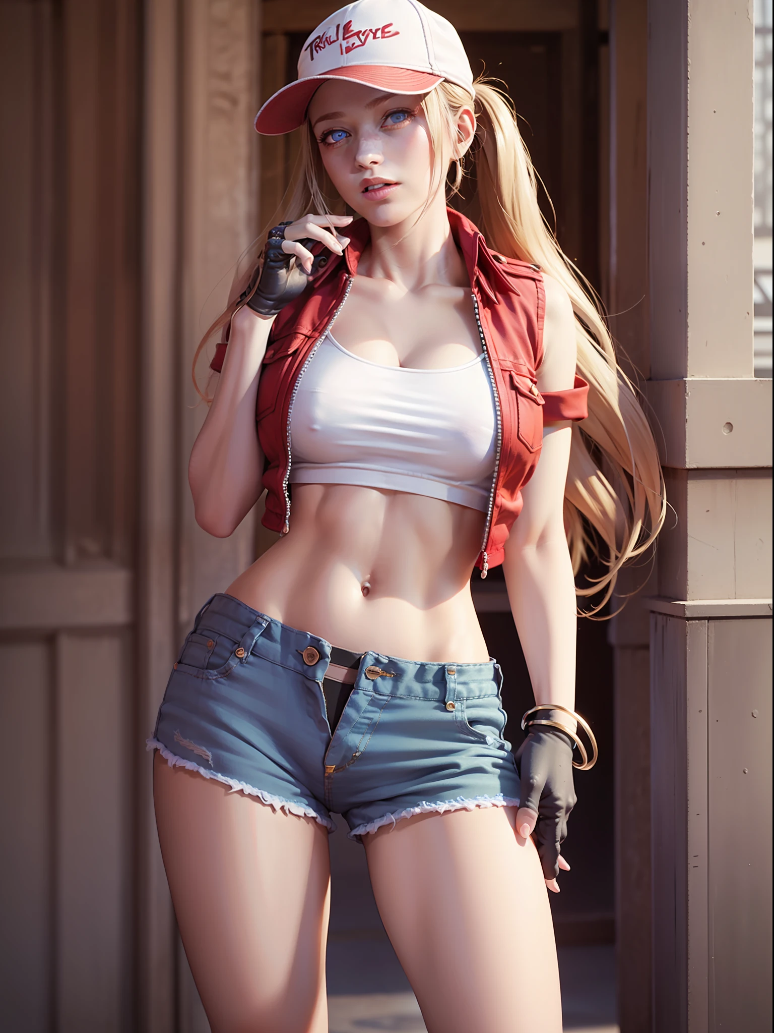 (8k), (best quality), (masterpiece:1.2), (realistic), (photorealistic:1.37), (ultra-detailed), 1girl, terry bogard girl, blonde hair, ponytail, blue eyes, long hair, baseball cap, fingerless gloves, denim shorts, shoes, Natural skin, perfect hands, five fingers, (detailed eyes:1.2), (detailed face:1.2), (realism:1.2), (best quality), (ultra quality), (intricate), (85mm), light particles, lighting, full body, (highly detailed:1.2), (detailed face:1,2), (gradients), sfw, colorful, (detailed eyes:1.5), (detailed background), (rule of third_composition:1.3), (Line of action:1.2), daylight, solo