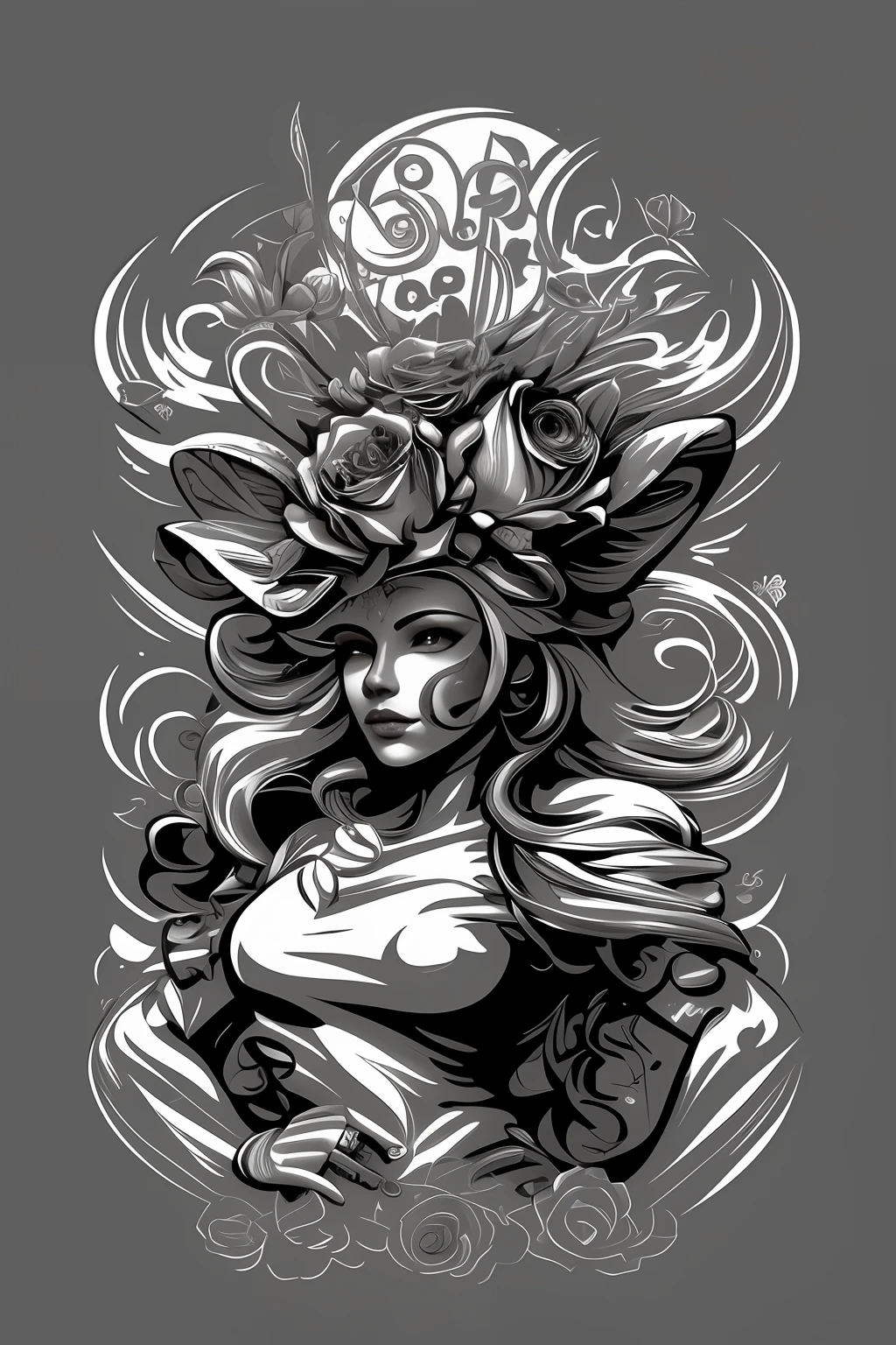 a woman with a flower hat and a rose tattoo design, arte vetorial em preto e branco, Goddess Venus. detalhes extremamente altos, art deco flower shaman, full art illustration, a beautiful artwork illustration, White and yellow sketch colors, fundo preto, Goddess Venus, no estilo da arte da fantasia sombria, inspirado em Joe Fenton, Estilo Hydro74