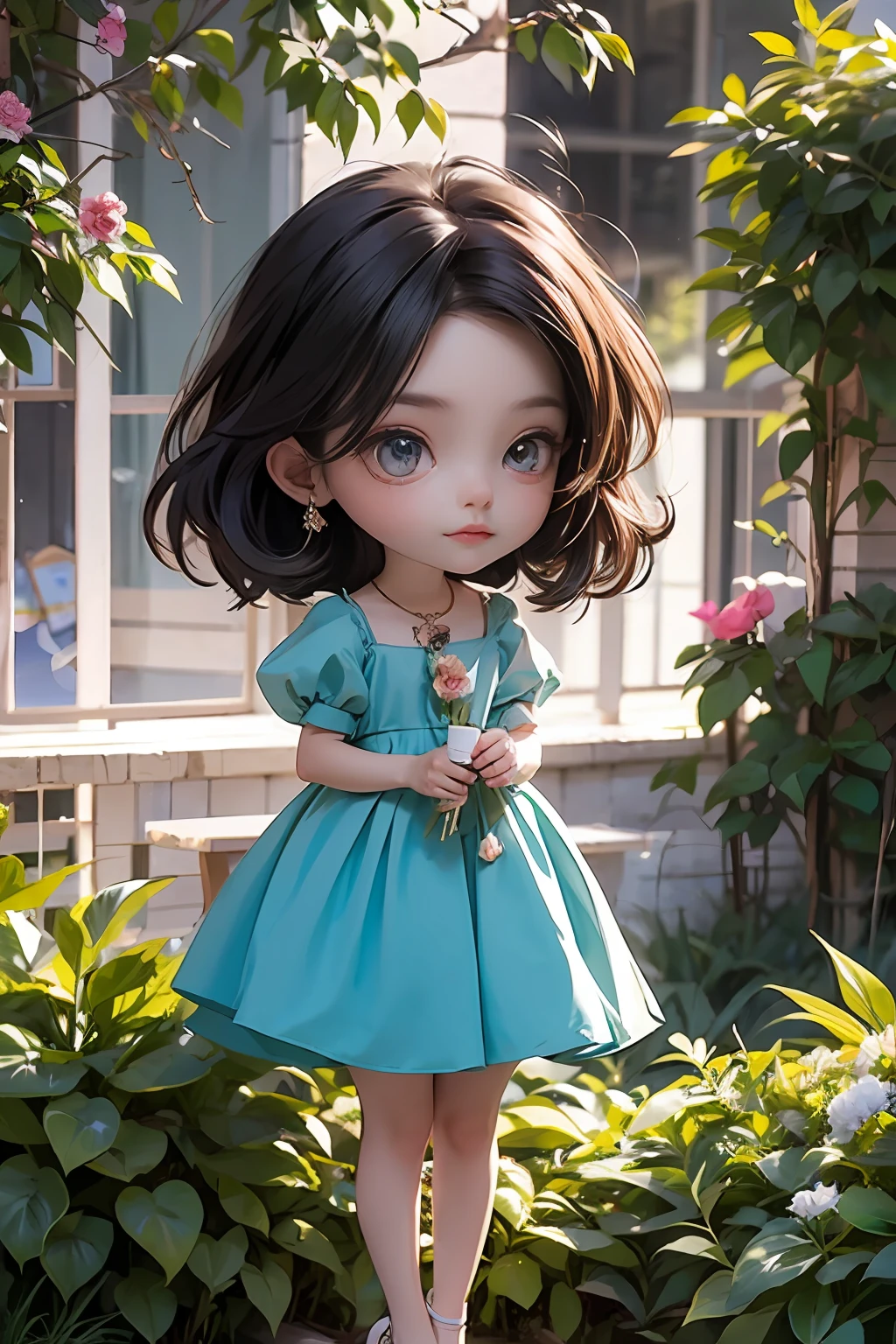 Beautiful bird woman, cabelo loiro, pintora, Jardim encantado, Chibi