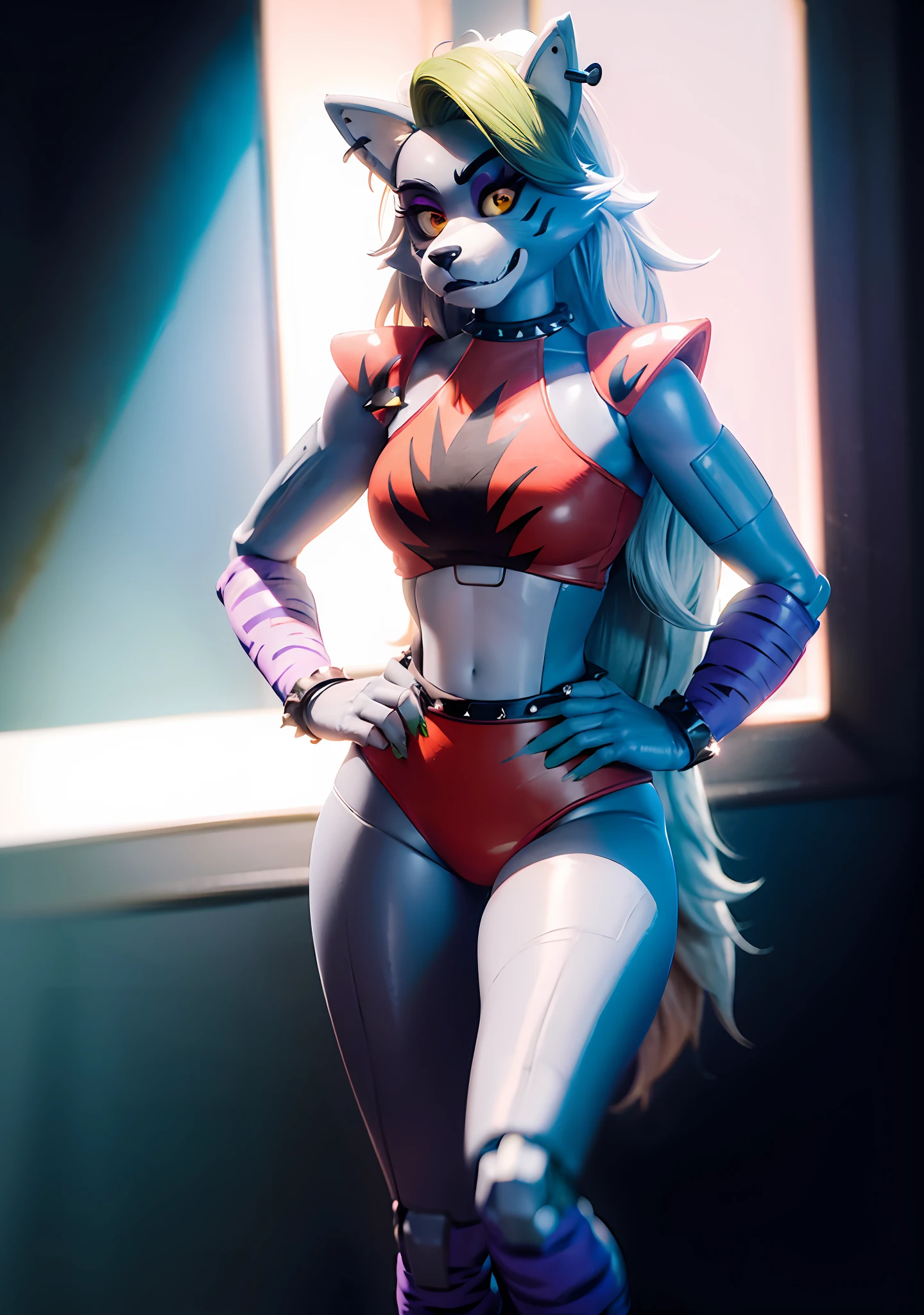 (masterpiece, best quality:1.2), solo, 1girl, fnafroxanne, furry female, body fur, makeup, looking at viewer, hand on hip, wolf ears, crop top, collar, spikes, jewelry, ear piercing, bracelet, wolf tail, animatronic, FNAF Security Breach