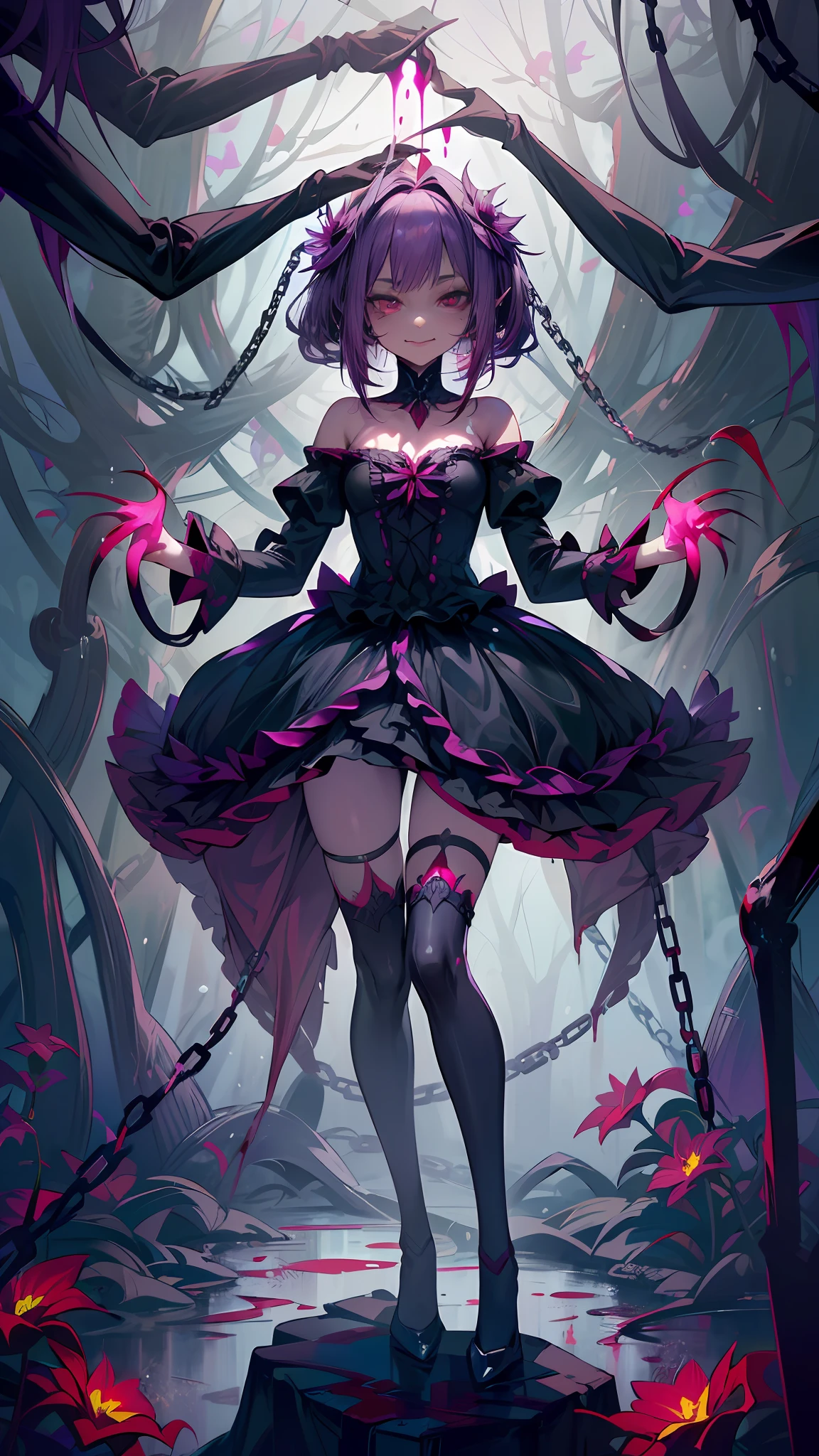 cinematic compositions,floatking,(Beautiful detailed eyes),(Detailed lighting),Cinematic portrayal of light and shadow,burial site,Purple flame burning in background,A teenage girl,(Blood-red eyes,glowing light eyes,eye shadows,long eyelasher),(Fuchsia gradient hair:1.7),messy hair,Bleak white complexion,Black silk gloves,Blackened,Shark-like teeth are exposed,Grinning,Gorgeous gothic loli-style black and red dress,Leg depiction,tilts your head,bleeding from the corners of her mouth,The expression is maniacal laughter,((On the other side is surrounded by flowers)),(amaryllis),(lighting particle),(Top paintings),(Blue-purple flames fill the entire background),zaun,Puppet joints,Ghastly,uncanny,Puppet arm,Monster arm,Arms waving in the air,Chains,Water droplets suspended in the air,darkly,((Exquisite details)),(full-shot),blood spatter,Spooky and terrifying,ultraclear,Detail portrayal,Cinematic texture,best qualityer