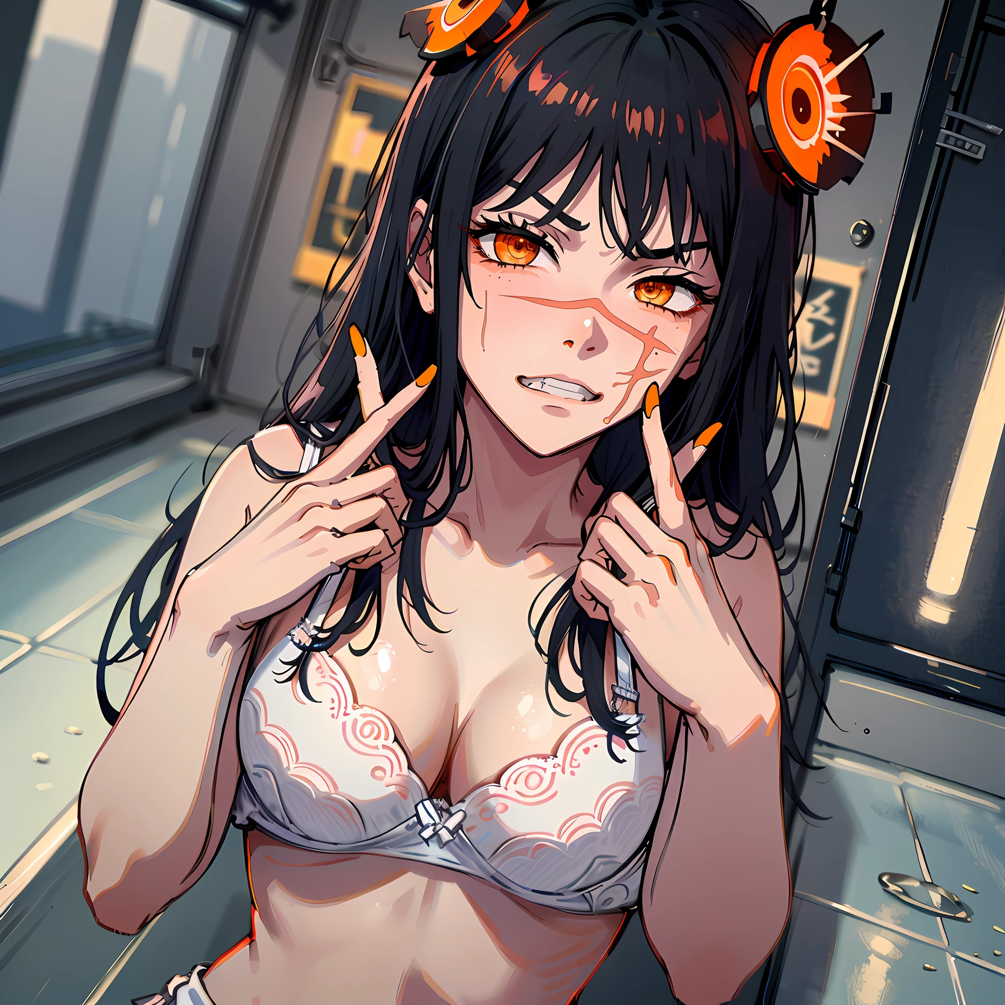 Little sister, cute bra, 8K, Best quality, , smile, looking at camera, red cheeks, embarrassed, delicate hands, love hotel, love brother, holding crotch with hand, eyes closed, clenching teeth, white transparent liquid leaking from crotch, gal, glaring, black long hair, orange eyes ((((ringed eyes)))), perky breasts and