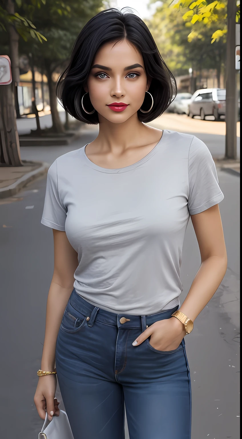 ((Best Quality, 8k, Masterpiece:1.3)), Focus: 1.2, Perfect Body Beauty: 1.4, front looking 1.2, ((Bob cut Hairstyle)), black hair's, (Gray round neck plain Tee-shirt, regular fitting:1.1) , (sunny weather, Street:1.3), black baggy jeans , full length jeans: 1.1, Highly detailed face and skin texture, Detailed eyes, Double eyelids, toned body, Whitened skin, smile, black straight hair's, heels, firm breasts, firm thiges, looking at camera, fashion shoot style, full body length tee-shirt, Short sleeves, high heels, big silver earrings, hand bangle's and golden watch. Carrying brown hand bag, light lipstick, regular fit tee-shirt, lose baggy Teeshirt , standing at Karachi market area, walking style