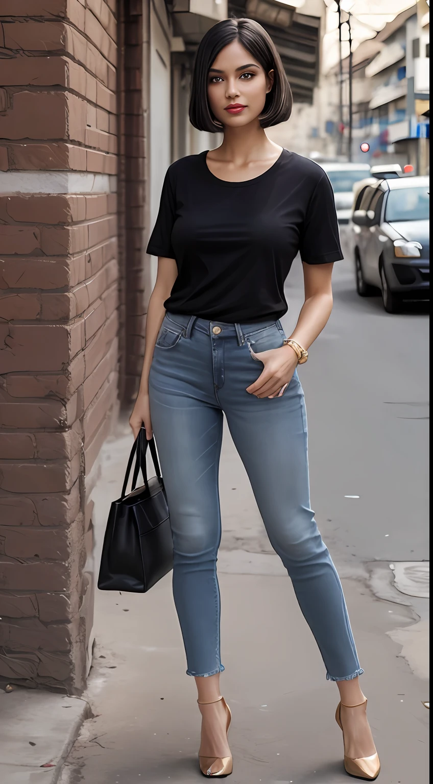 ((Best Quality, 8k, Masterpiece:1.3)), Focus: 1.2, Perfect Body Beauty: 1.4, front looking 1.2, ((Bob cut Hairstyle)), black hair's, (Gray round neck plain Tee-shirt, regular fitting:1.1) , (sunny weather, Street:1.3), black baggy jeans , full length jeans: 1.1, Highly detailed face and skin texture, Detailed eyes, Double eyelids, toned body, Whitened skin, smile, black straight hair's, heels, firm breasts, firm thiges, looking at camera, fashion shoot style, full body length tee-shirt, Short sleeves, high heels, big silver earrings, hand bangle's and golden watch. Carrying brown hand bag, light lipstick, regular fit tee-shirt, lose baggy Teeshirt , standing at Karachi market area, walking style