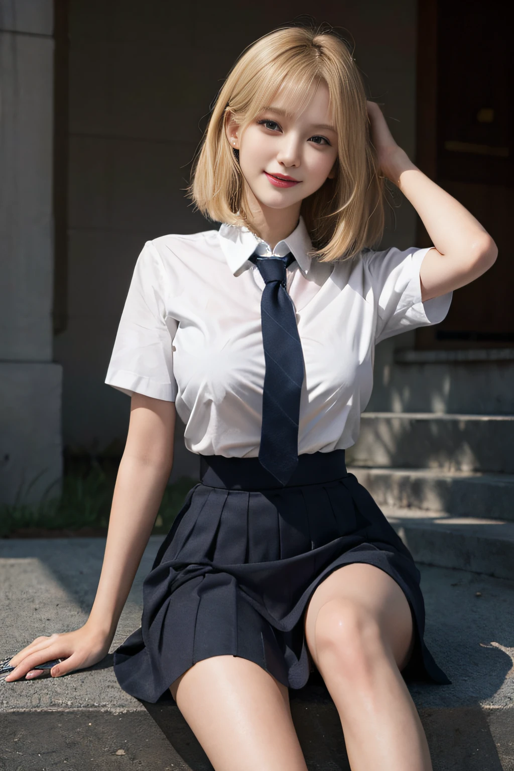 Gray eyes、Korean School Uniform、Summer School Uniform Shirts、Ribbon tie、skirt by the、Bright blonde hair、stairs at school、Descending the school stairs、Chest thrusting pose、Pose to show off your breasts、8K RAW Photos、hight resolution、very large round breasts、beautiful eyes finely detailed、long eyeslashes、Beautiful double eyelids、eyeshadows、eye line、Slender eyes、elongated eye shape、Sanpaku eyes、evil smile、Evil look、beautiful and very thin legs、beautiful and very thin thighs,、Random Medium Hair、Tie your hair behind your head、耳环、