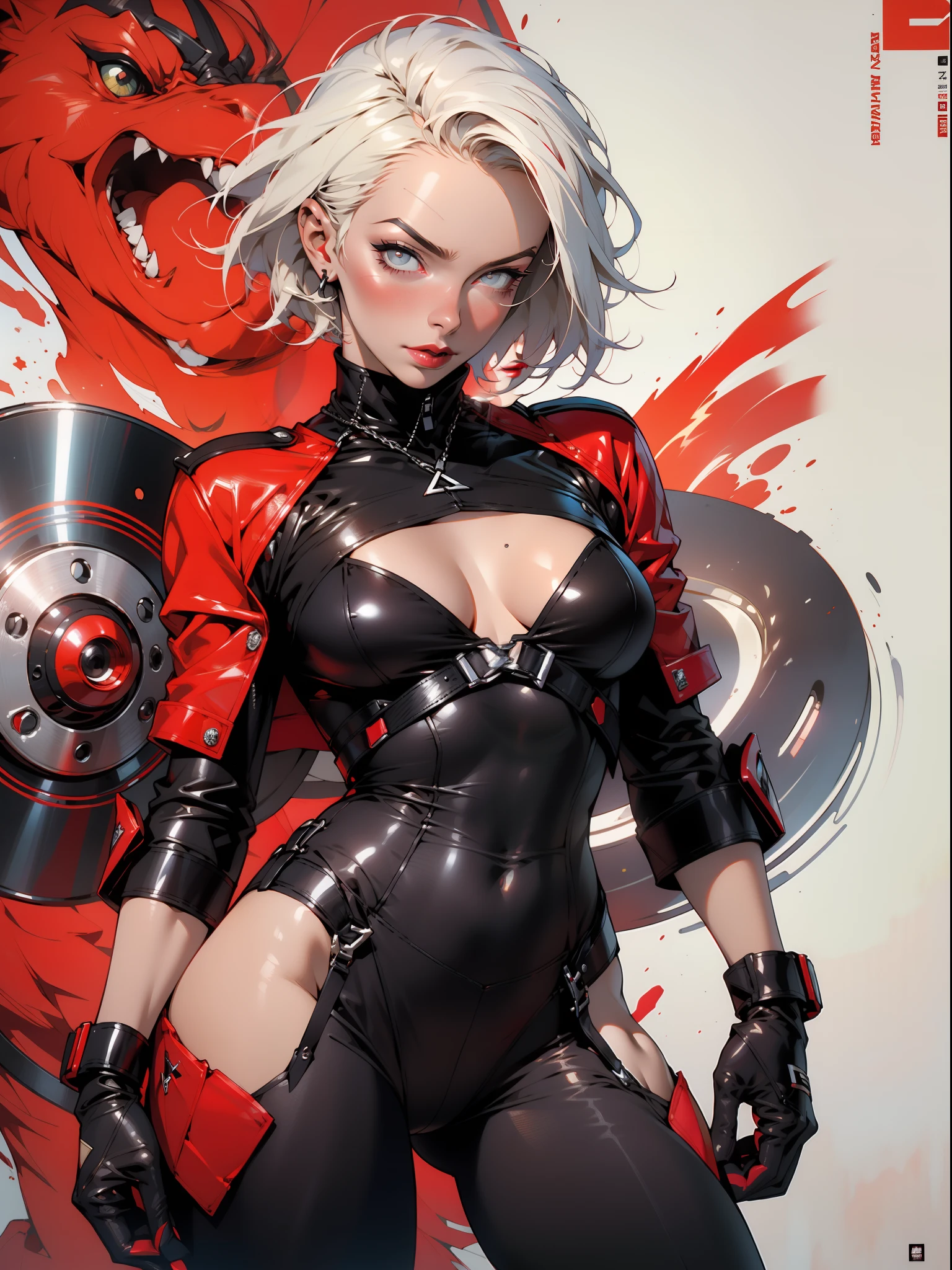 nijistyle, ((corpo perfeito)), bombshell, rosto lindo, olhos azuis, Uma guerreira mulher russa de 35 anos musculosa quase nua no estilo Simon Bisley para a capa da revista Heavy Metal, coxas nuas, cinta liga, cabelo loiro super curto, Minimum clothing, Red carbon fiber clothing in chevron pattern, (((roupa vermelha))), (((short hair)), ((Annie Lennox)), (((mulher madura))), corpo inteiro