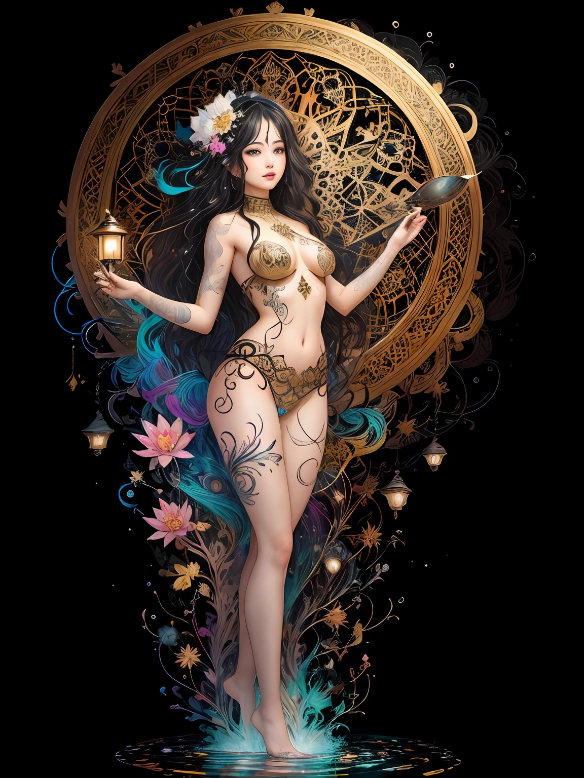 Create a beautiful tree, tree woman With the torso with a feminine silhouette. a perfect body With green leaves. digital drawing, perfect face, glowing skin, 8k concept art portrait, dynamic lighting, super detail, detailed image, fractal complex background, alcohol ink drawing.beautiful woman, a woman with black and platinum and gold hair, with a colorful outfit and a black background with paint splatters, by Hirohiko Araki, Official Art, Unity 8K Wallpaper, Ultra Detailed, Masterpiece, Best Quality, (Zenredar, mandala, tangle, tangle), 1 beautiful Caucasian haired girl platinum and black and gold, Dynamic Angle, The Most Beautiful Form of Chaos, elegant, bright colors, romanticism, By James Jean, Gerhard Richter, Takato Yamamoto, Ashley Wood, atmospheric, ecstasy of musical notes, transmission of visible musical notes, Style Wtrcolor, wind blown, Masterpiece, Beautiful, ((watercolor)), Paint splatters, Intricate details. [drip: 0.7], Trending on Artstation, Rachel Walker, Style-Painting-1900, A beautiful nude woman completely covered in paint floating in a pool, beautiful lighting, beautiful large detailed eyes, Nirvana, relaxed, paint drips, Spirals of Paint, Paint Splatter, (Beautiful Swirls of Paint Swirls), by Jeremy Mann, By Sandra Chevrier, vivid contrasting colors, chromatic aberration, black background, Best Quality, (realistic: 1.2), (high contrast: 1.2), gold and silver and bronze decoration, forest goddess, beautiful caucasian girl close-up, beautiful goddess fused with forest and trees, black hair fused with platinum and gold, nude girl, beautiful visible pubic area, pink pesons, small breasts a the view, pond of water in the garden, tattoos of mandalas and flowers on the naked body, floating old clock, lamp, lantern,pond of water in the garden,beautiful visible pubic area, pink pesons, small breasts a the view,full body, Sakimichan art, oriental mandala tattoo, fractal background, silver and gold and bronze spirit, floating antique clock, antique lamp
