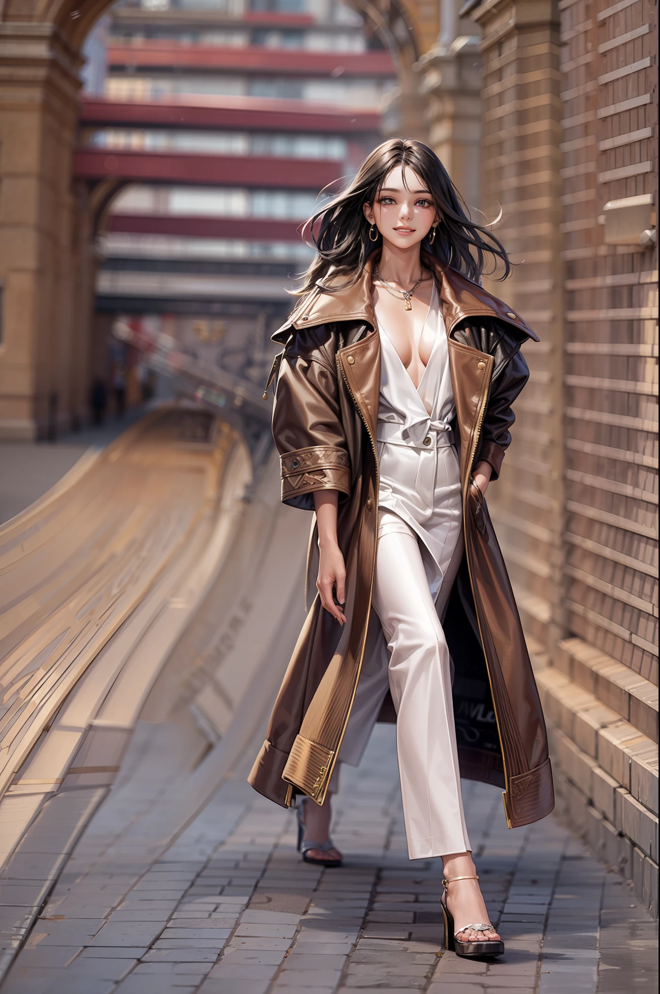 A young female supermodel parading down a Paris catwalk. Luce un look rompedor y vanguardista. The walkway is spectacularly lit. He faces the camera with a firm and decisive step and smiles sweetly.......