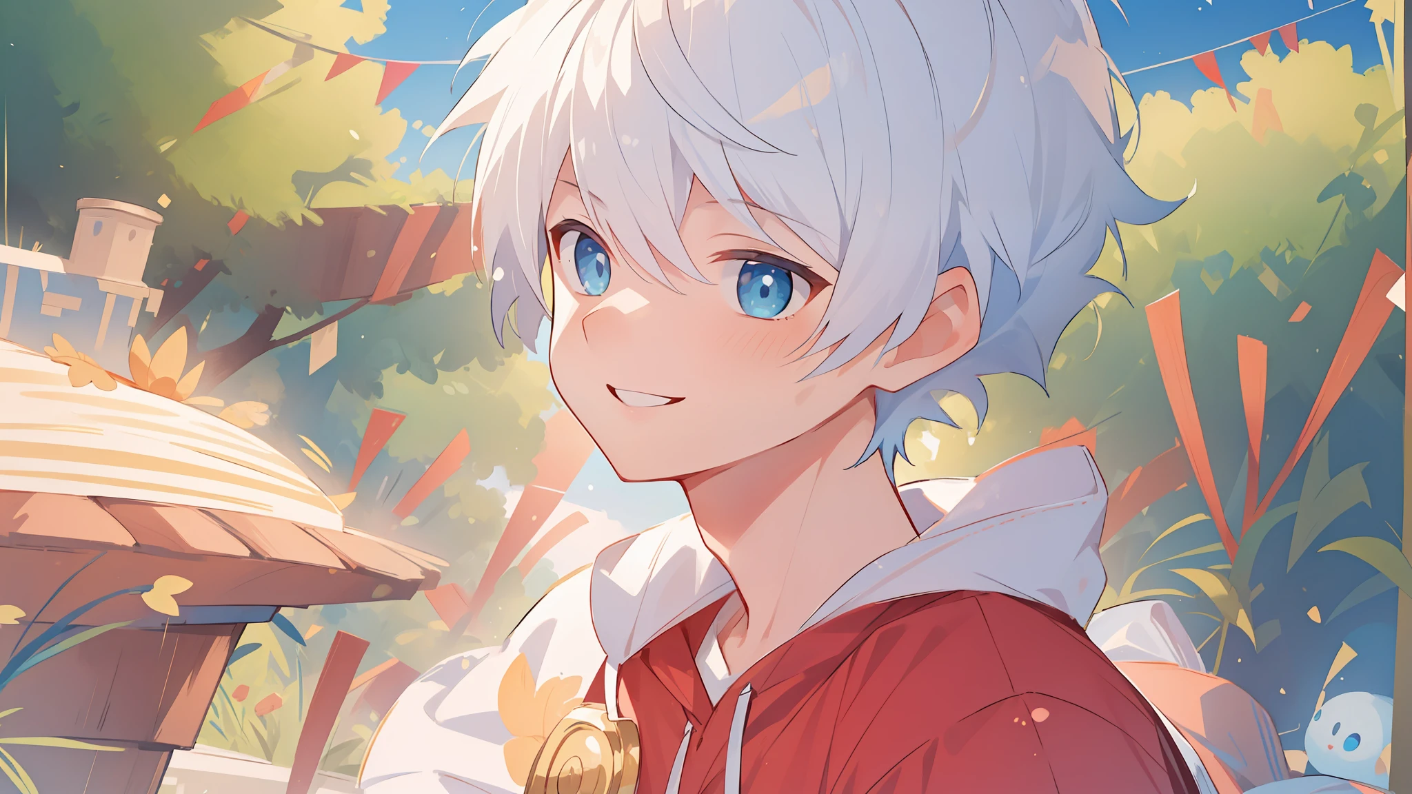 a((masterpiece)),(((best quality))), (high-quality, breathtaking),(expressive eyes, perfect face), 1boy, solo, male, short, young, small boy, short white hair and blue eyes, smiling,