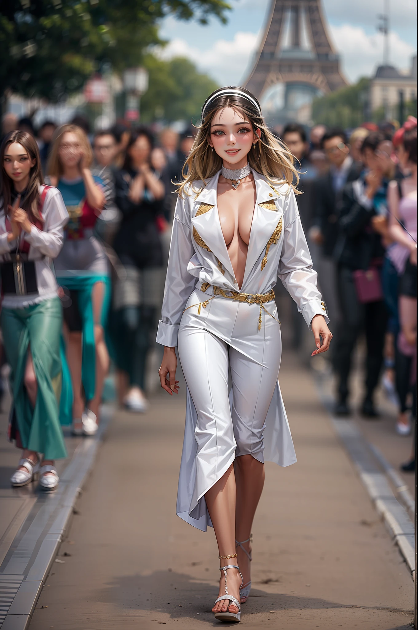 A young female supermodel parading down a Paris catwalk. Luce un look rompedor y vanguardista. The walkway is spectacularly lit. He faces the camera with a firm and decisive step and smiles sweetly.......