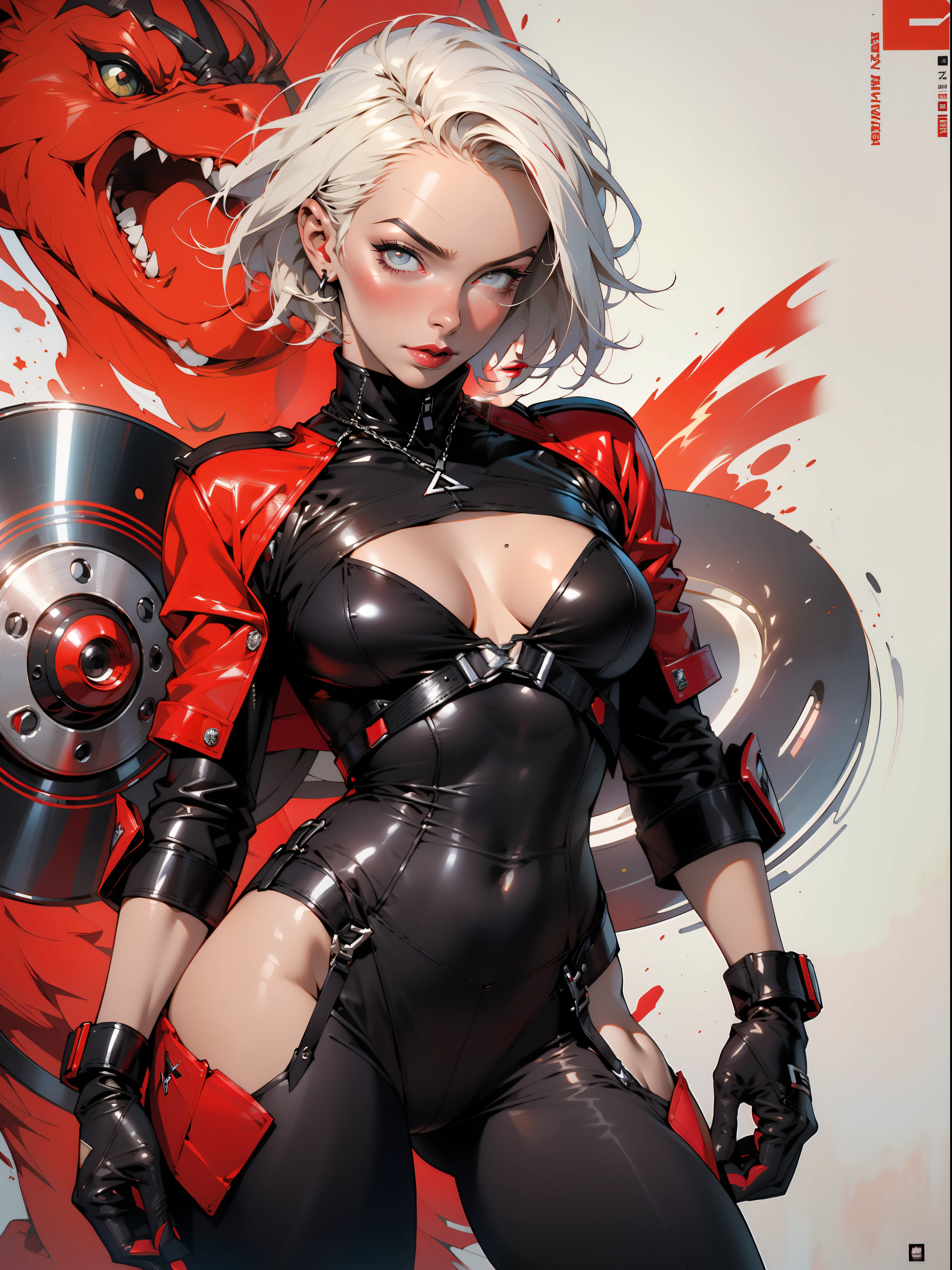 nijistyle, ((corpo perfeito)), bombshell, rosto lindo, olhos azuis, Uma guerreira mulher russa de 35 anos musculosa quase nua no estilo Simon Bisley para a capa da revista Heavy Metal, coxas nuas, cinta liga, cabelo loiro super curto, Minimum clothing, Red carbon fiber clothing in chevron pattern, (((roupa vermelha))), (((short hair)), ((Annie Lennox)), (((mulher madura))), corpo inteiro