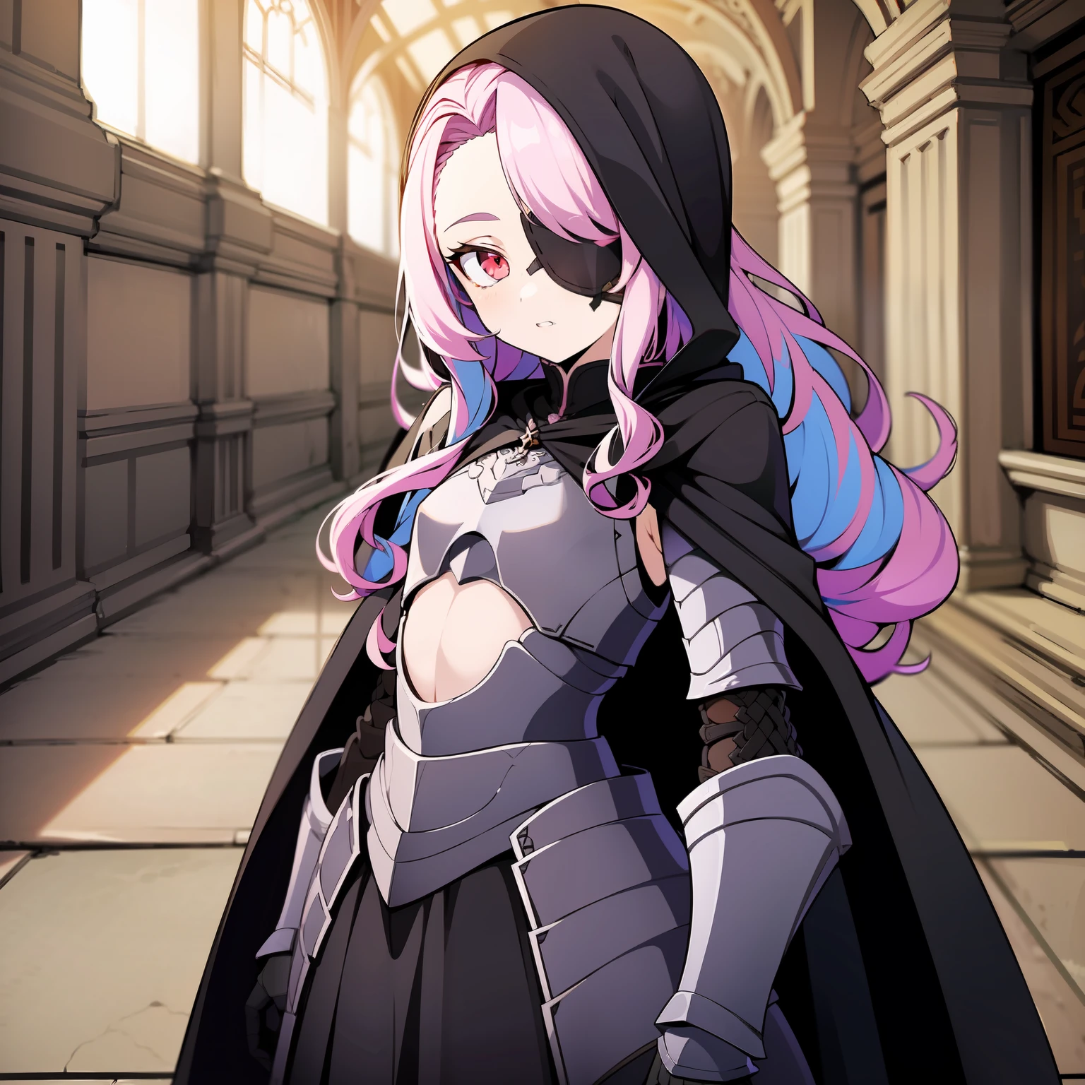 masterpiece, best quality, sharp focus, absurdres, ++ 1girl, solo, fantasy, light purple hair, very long hair, curly hair, french braid, single sidelock, forehead, eyepatch, one eye covered, black eyepatch, black eyepatch, red eyes, pink eyes, multicolored eyes, parted lips, small chest, flat chest, ****, armored dress, pelvic curtain, armour skirt, dark purple armor, black cape, long cape, dollgirl, doll joints, ++ upper body shot, zoom out, standing, looking at viewer, cold, neutral, hands out of frame