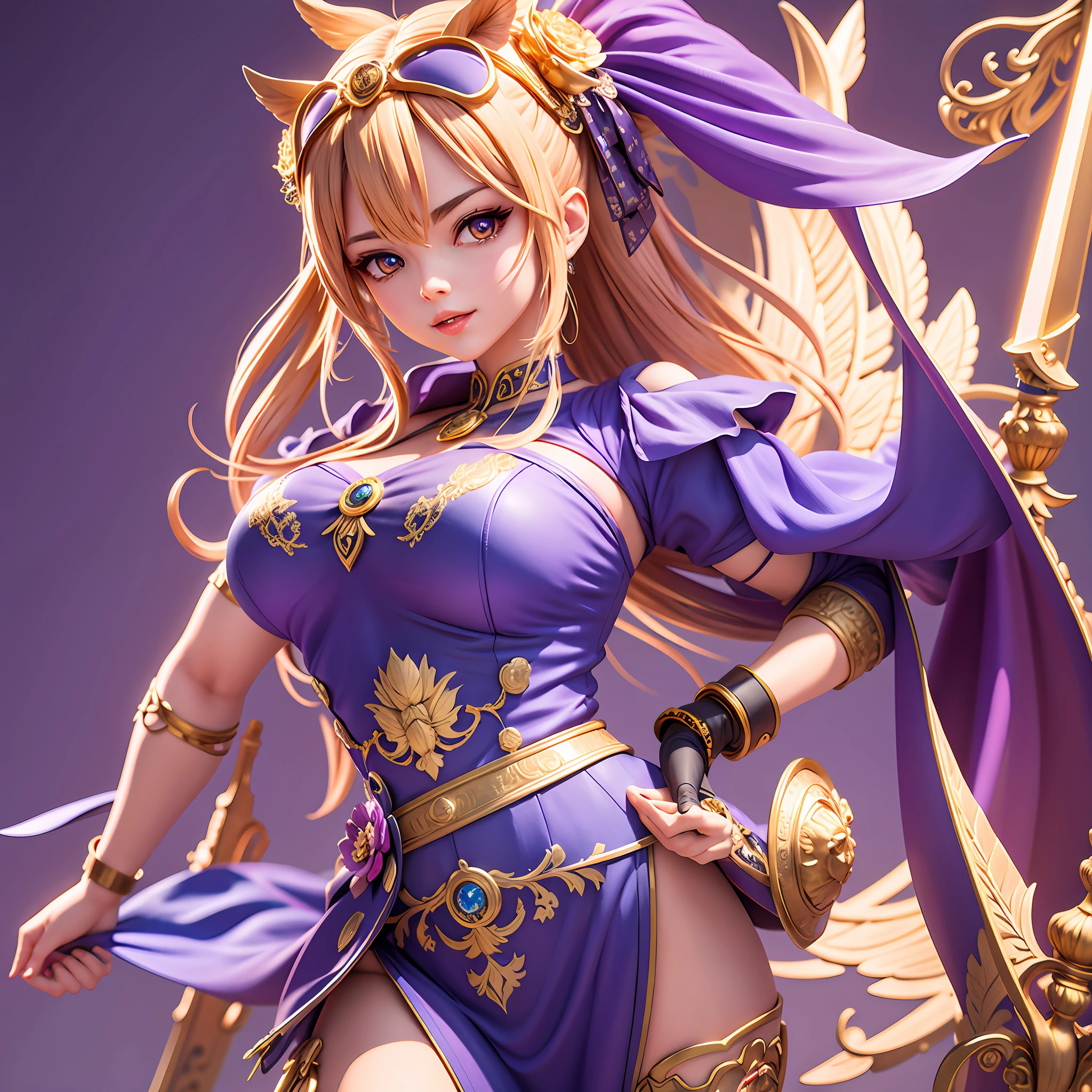 There is a sexy woman in purple and blue clothes,Sword in hand,An owl next to it,Next to it is an open chest covered with gold coins, a 3D render,The eyes are focused,Portrait anime, Rendering of 3d anime,Detailed digital art,Stylized 3D rendering,3D Rendering Character Art 8K,digitial painting,Anime style 3D,Super detailed rendering