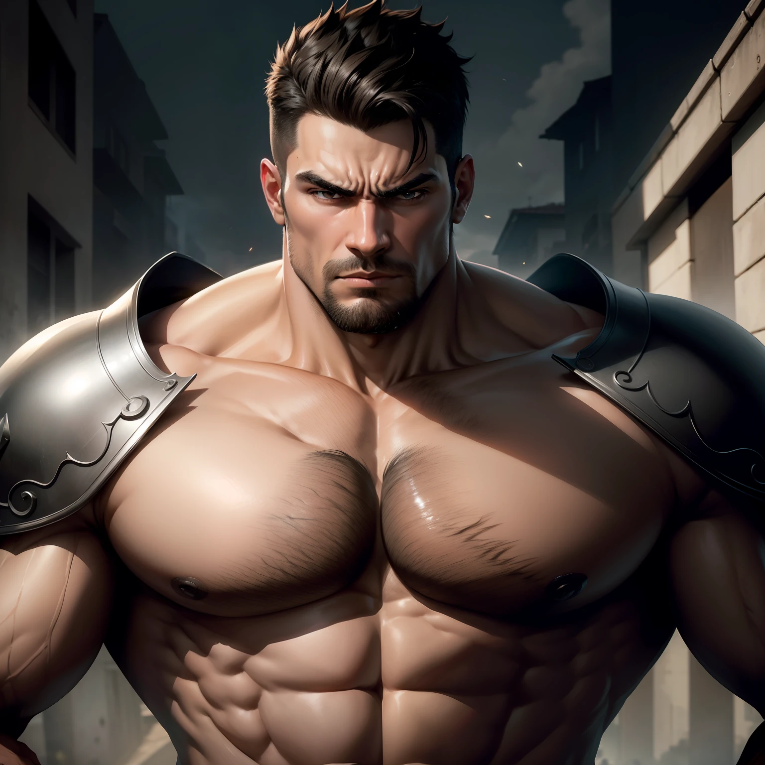 Um homem bonito, serious and imposing face, cracked abdomen, strong upper arms, cabelos negros e olhos azuis em meio a uma rua movimentada