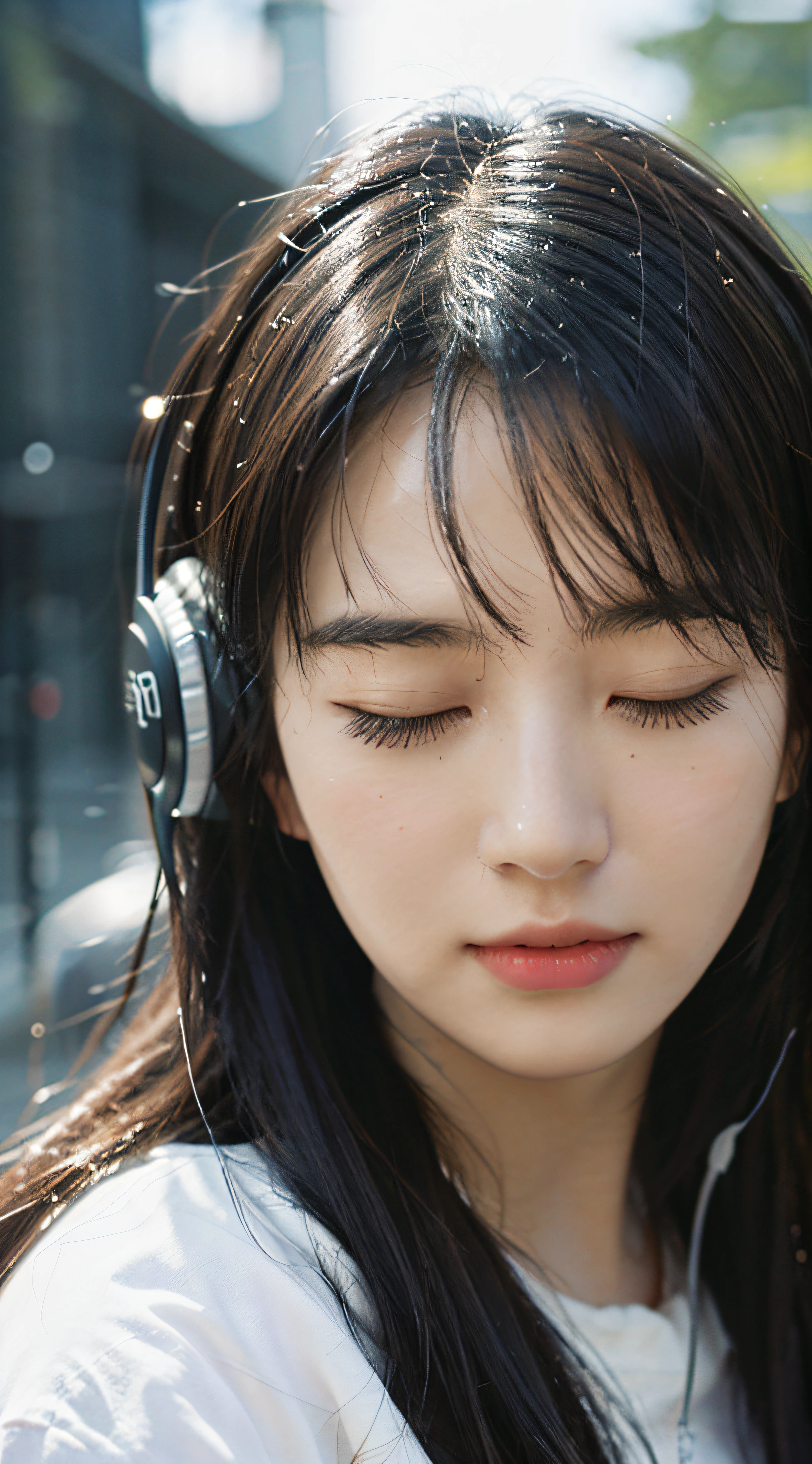 Best quality, masterpiece, super high resolution, (realistic: 1.4), original photo, head photo, skin, simple background, black eyes, detail, selfie, 1 girl, headphones, rainy day, closed eyes, enjoy