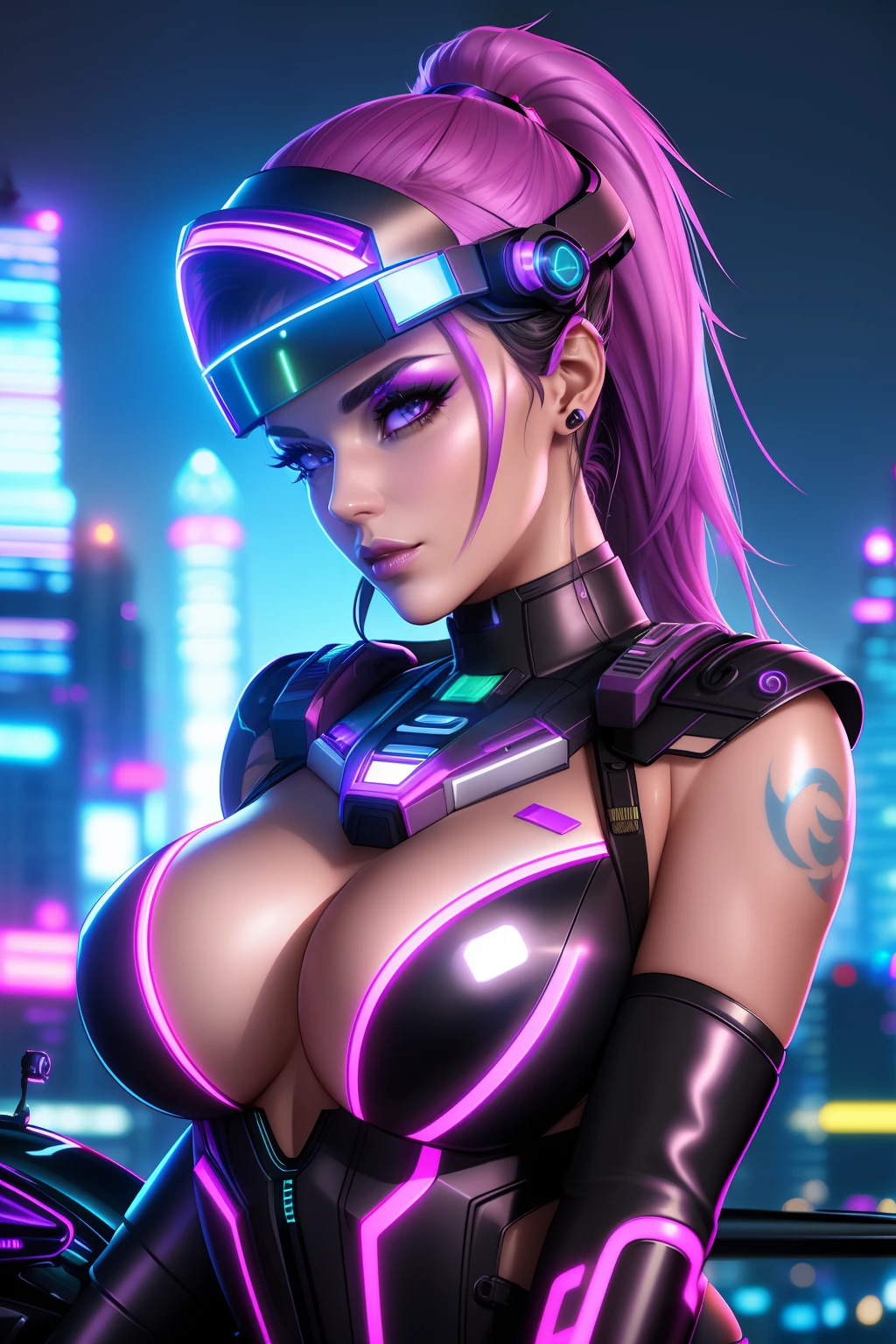 In a futuristic sci-fi setting, a cyberpunk femme fatale leans against a hovering motorcycle with neon lights illuminating her metallic tattoos. Her high-tech visor reflects the vibrant city skyline as she confidently smirks, showcasing her perfectly manicured nails, beautiful detailed glow, detailed, Cinematic light, intricate detail, high resolution, detailed facial features, high detail, sharp focus, smooth, aesthetic, extremely detailed, stamp, octane render,