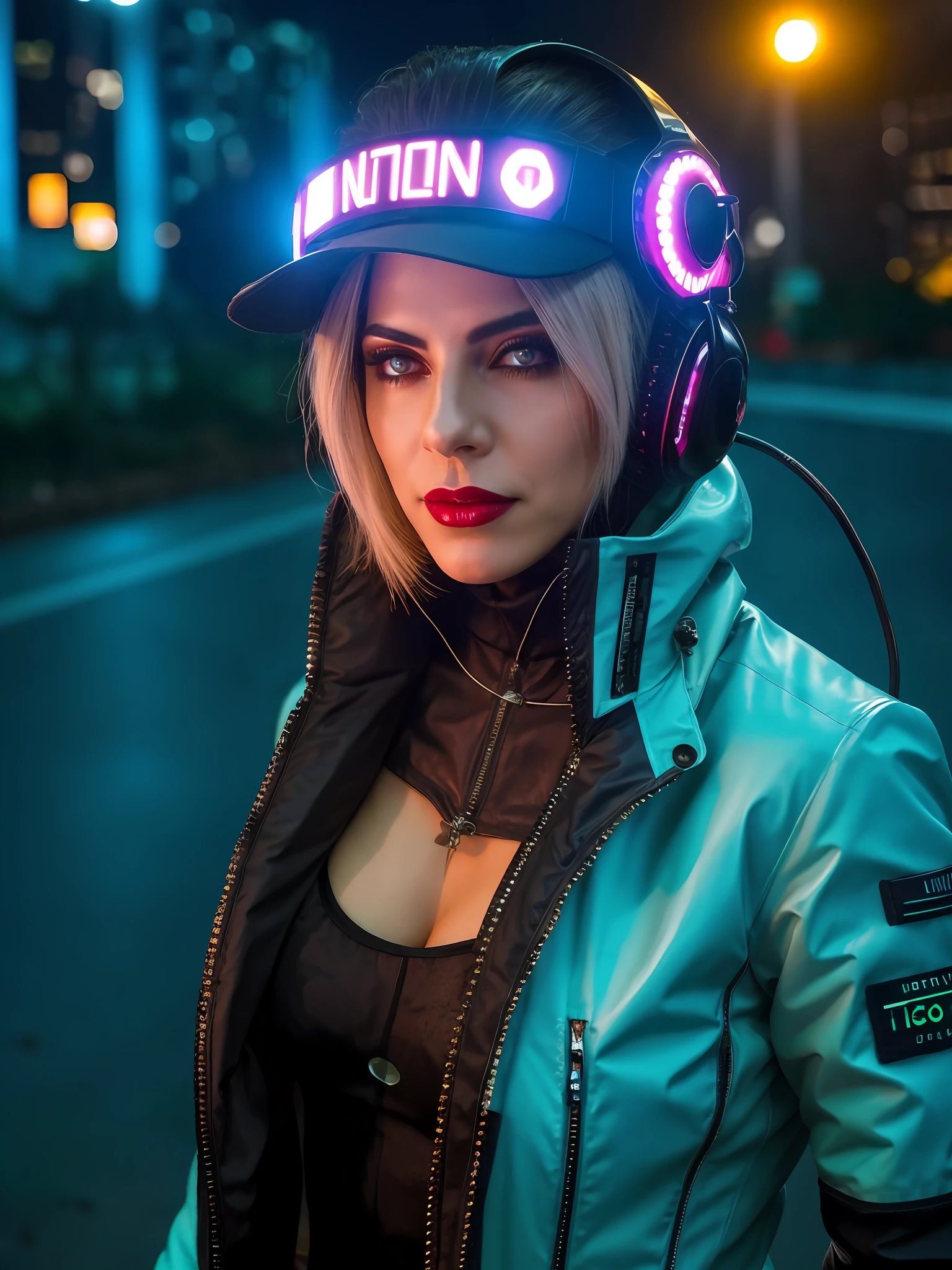 Uma mulher loira, estilo cyber punk, seios fartos, short e jaqueta de couro preto, nas ruas de uma cidade cyber punk, ambiente noturno, chuva torrencial, electrical discharges, fractal, detalhes intrincados, highes definition
