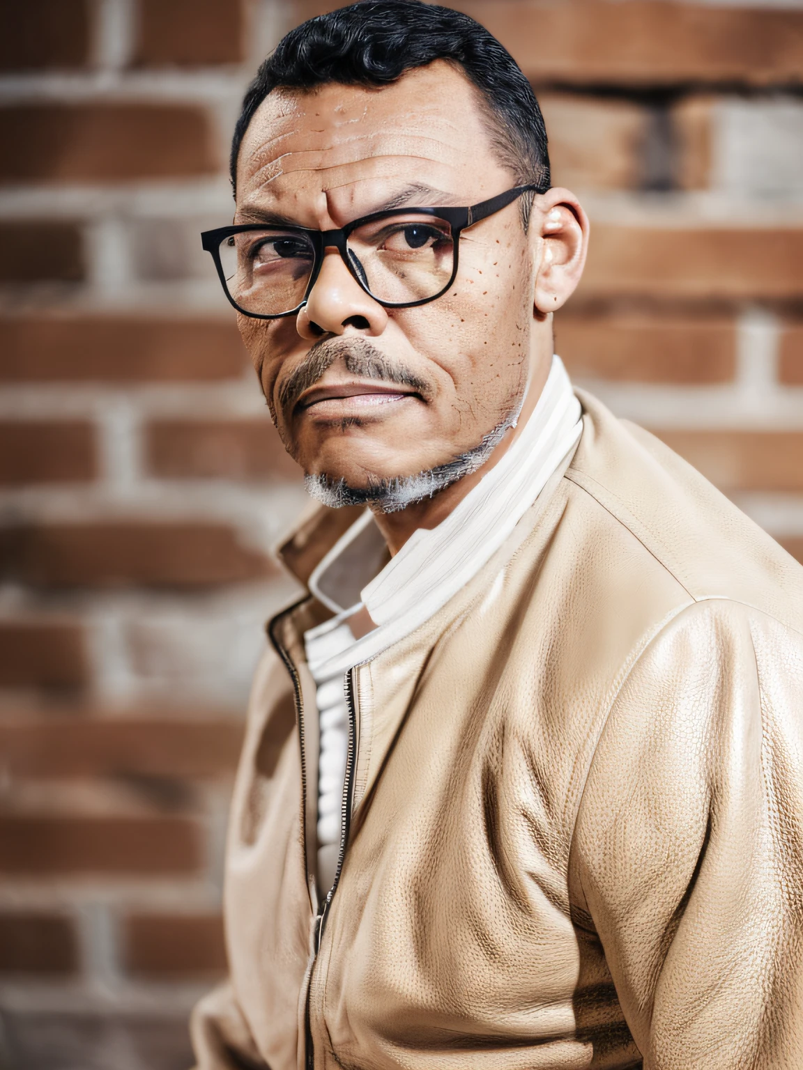 guttonervision8, portrait of a man, glasses, (((detailed skin face))), expression wrinkles, (no beard and no mustache: 1.5), raw beige leather jacket, white T-shirt without print, stiff countenance. Ultra detailed scene, dslr camera with 50mm Lens, soft studio lighting, ((vignette))