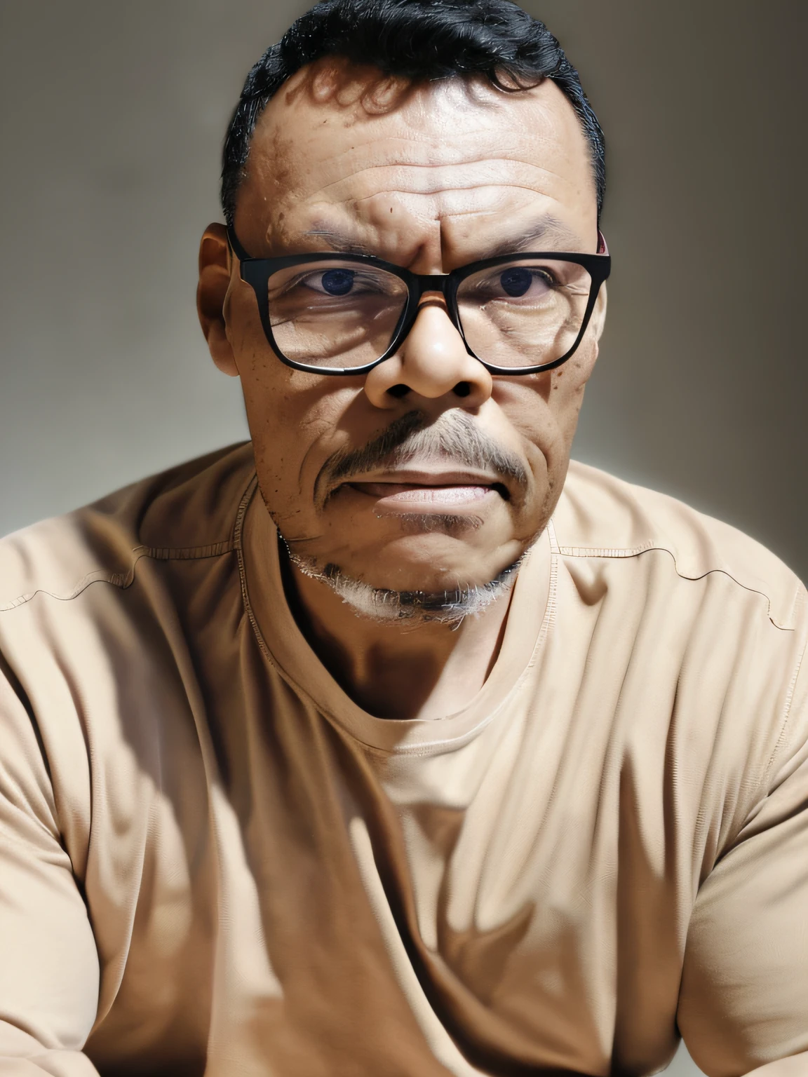 guttonervision8, portrait of a man, glasses, (((detailed skin face))), expression wrinkles, (no beard and no mustache: 1.5), raw beige leather jacket, white T-shirt without print, stiff countenance. Ultra detailed scene, dslr camera with 50mm Lens, soft studio lighting, ((vignette))